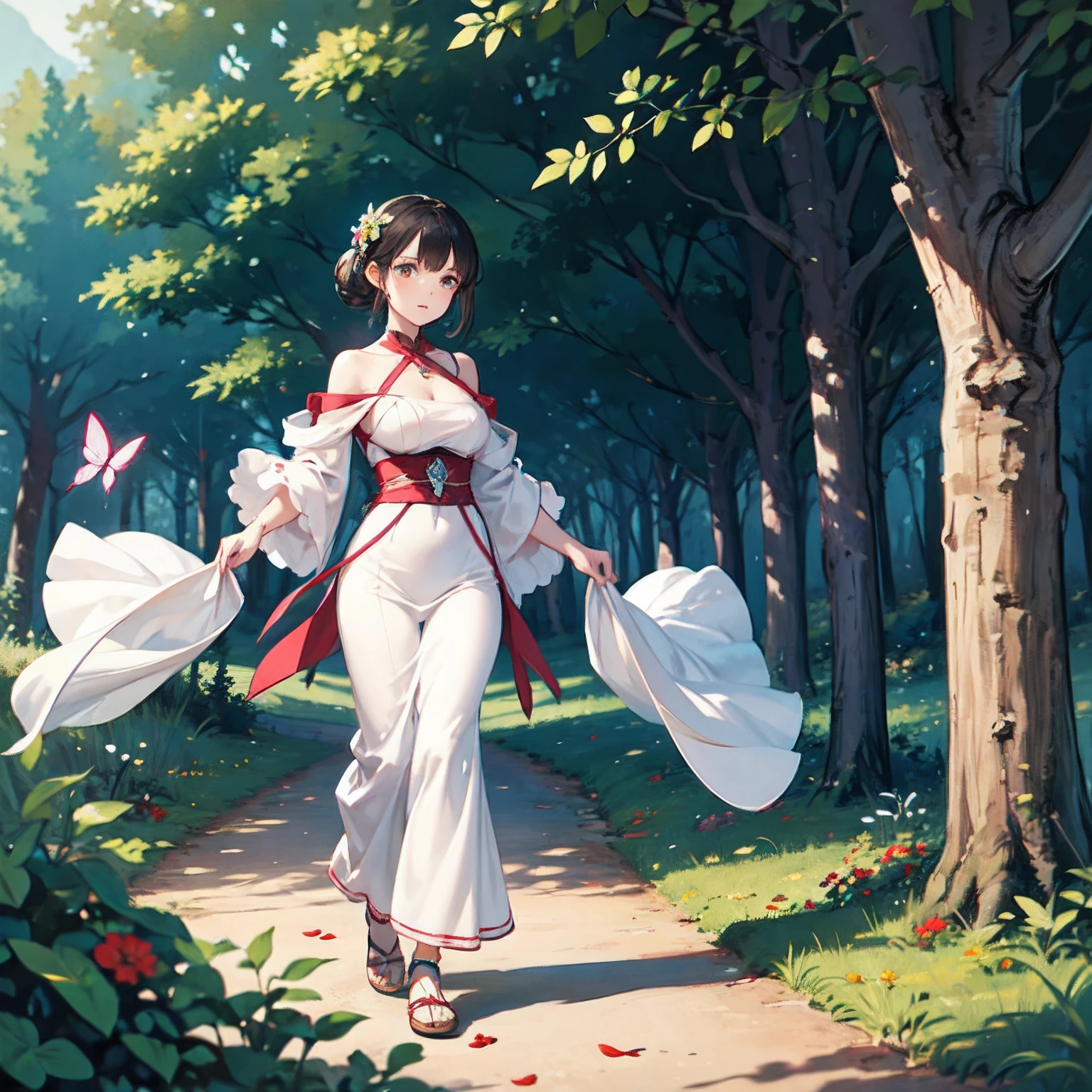 A beautiful girl walking in the wild forest, butterfly and falling leaves and flowers tail. --auto