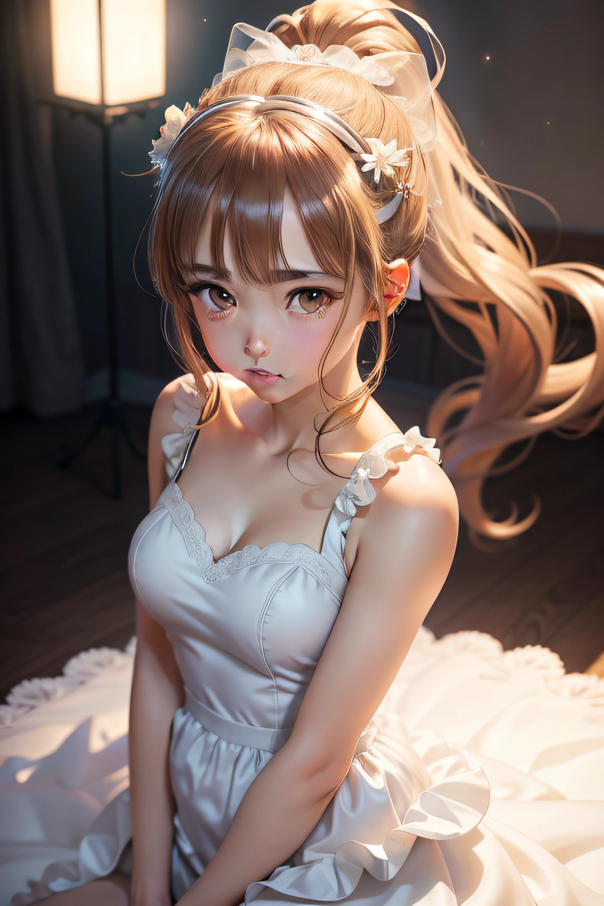 anime illustration：Cute girl，white dresses，Fitted with a double ponytail and tiara，The measurements are moderate，Excellent image quality，Realistic details，Glows and sweats the effect（1.4 times），High resolution and detail，Does not expose sexiness，Background tintle。