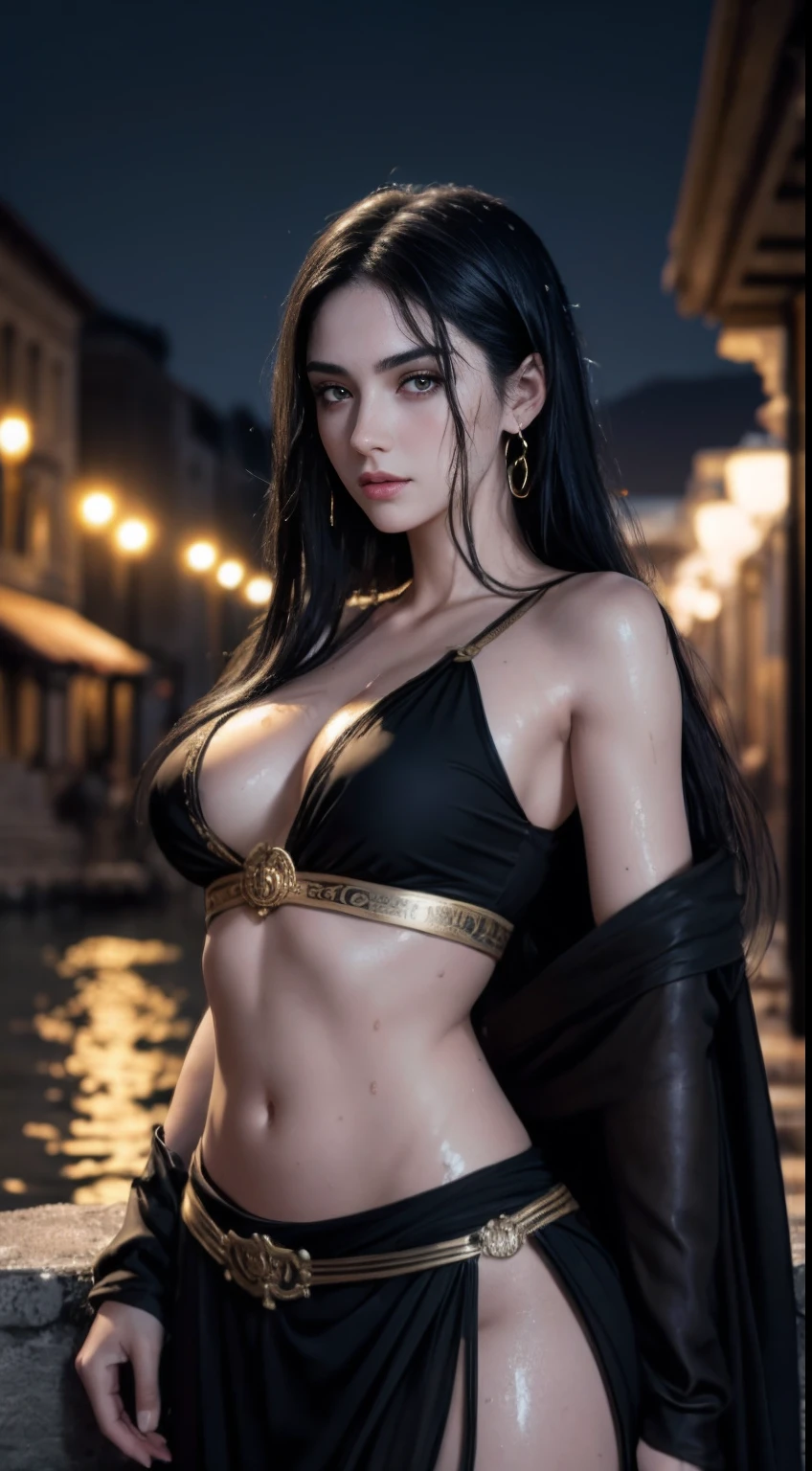 (A beautiful 25 years old Greek female maiden:1.2), (wet long black hair:0.9), (pale skin), (detailed oily and sweaty appearance:1.2), (serious face), (wearing black colored revealing Greek maiden outfit with golden ornate), (waist up shot:1.2), (lake at night:1.1), view from front, seducing pose, (chiaroscuro lighting:0.8), photo realism, intricate face detail, intricate hand details, highly detailed, vibrant colors, cinematic, 8k, trending on Artstation--style raw