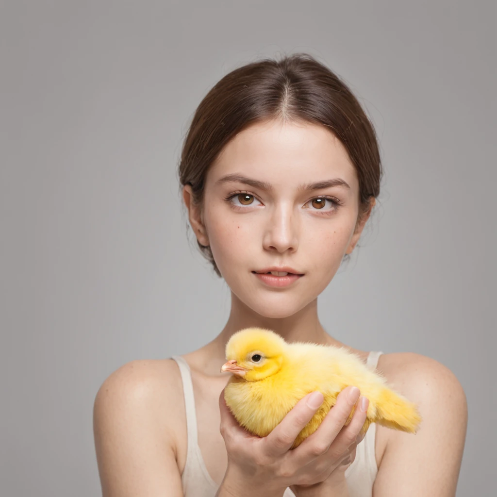 Por favor, crie uma imagem que retrate uma cena dentro de um quarto bem iluminado, where a young woman of 20 years is gently holding a small yellow chick in her hand. His expression is one of extreme surprise, com a boca nitidamente completamente aberta e os olhos totalmente arregalados e abertos. The image should be of ultra-high quality (8k) para capturar todos os detalhes e ser uma verdadeira obra-prima (1.2 of artistic quality). The representation should be realistic and photo-realistic (1.37) para dar vida aos elementos, enfatizando o tamanho pequeno e a cor amarela vibrante do pintinho. I want the image to be ultra-detailed to highlight each feature.

Na cena, The young woman will be standing in the room, with his expression of surprise being the central focus. The soft and diffuse lighting in the room will enhance both the woman and the chick. I would like the atmosphere to convey a sense of wonder and excitement.

The young woman will have a realistic representation, with detailed facial features that express their shock. Your eyes will be intensely open and wide, and your mouth will be clearly wide open, showing your genuine surprise. She will wear comfortable clothes suitable for the home environment. Your hair will be short and stylized in a subtle way. The representation of the young woman will be full-body, emphasizing every detail in a natural and artistic way."