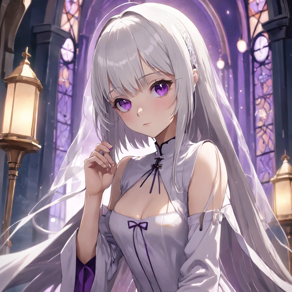 Beautiful 1920s nun (slender full body), flirty look, open dress, lace stockings, realistic style, well defined very fair complexion, purple eyes, straight white hair with bangs (ultra detailed), well defined face, eyes Dreamy HD purples, fine. Nose, beautiful shapely and well detailed body (convent atmosphere), 64k high definition.