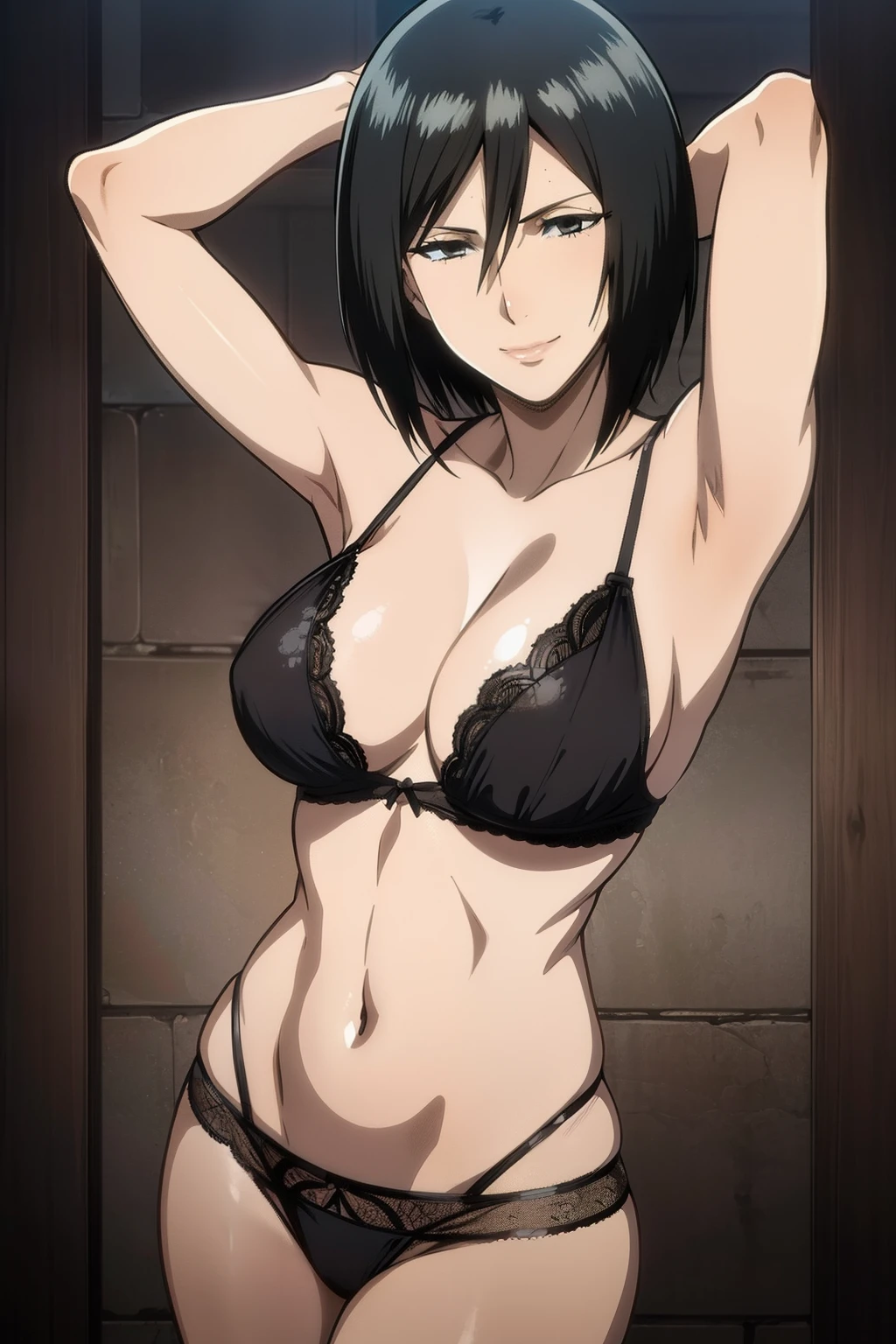 Dazzling, Armpits, intricate detailes, 1girl in, Mikasa Ackerman, (A dark-haired:1.3), hair between eye, short-haired, sideburns, s lips, shut, Yui, s lips, masterpiece, best qualtiy, hason, Baezon, Black eyes,Black eyes, muscle, medium breasts, smil、Black underwear、Lace underwear、Erotic lace underwear