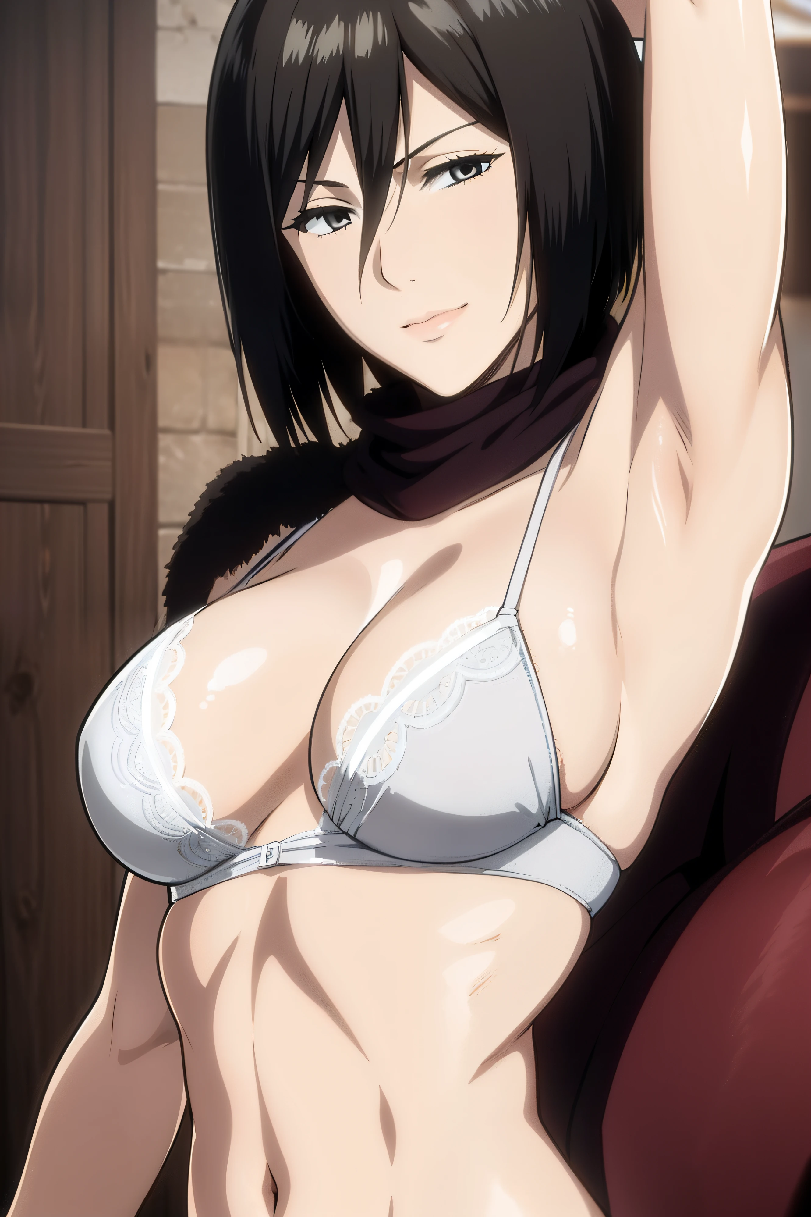 Dazzling, Armpits, intricate detailes, 1girl in, Mikasa Ackerman, (A dark-haired:1.3), hair between eye, short-haired, sideburns, s lips, shut, Yui, s lips, masterpiece, best qualtiy, hason, Baezon, Black eyes,Black eyes, muscle, medium breasts, smil、Black underwear、Lace underwear、Erotic lace underwear