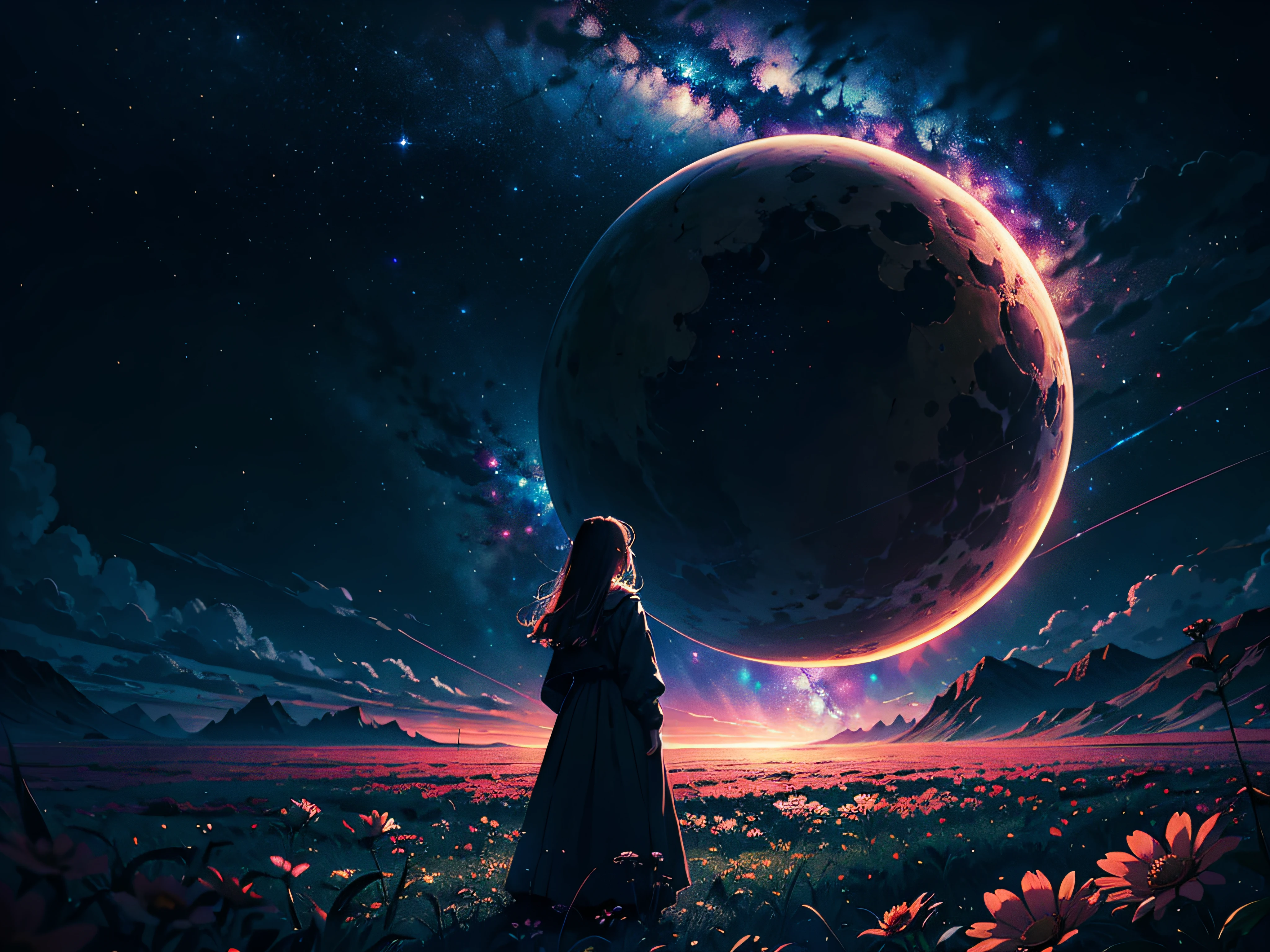 4k Landscape, beautiful stars at background, looks like a dream, sky looking extremely beautiful, ultra resolution, perfect lighting, Dark space, space photo, extremely beautiful, fantasy world, girl standing on flowers, looking at the sky, dark vibes, perfect color grading, a planet at the sky