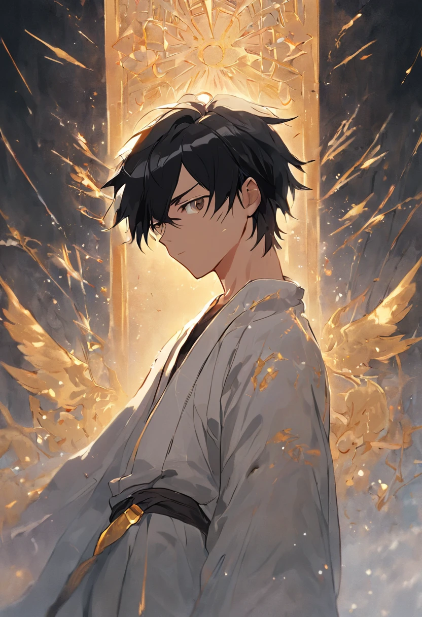 Handsome male,Young person,wise man,Short black hair without light,Deep black eyes without light,Put on a simple white robe full of wisdom,The sleeves are decorated with a small amount of gold inlays,Plain trousers,There are no ornaments all over the body,peacful,face expressionless,Stand calmly,facing to audience,quadratic element