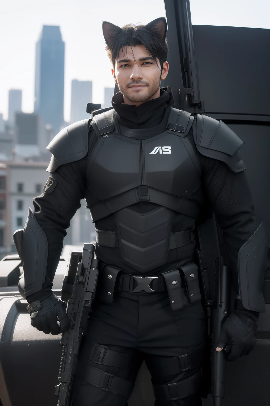 anthro cat, black SWAT outfit, detailed dark mascara, perfect skin, smiling, he is on the side of an Armored SWAT car, in a city, he is heavily armed with a rifle, rule of thirds, high quality background, ultra detailed scenery, ultra sharp focus, detailed dark mascara, perfect professional photo