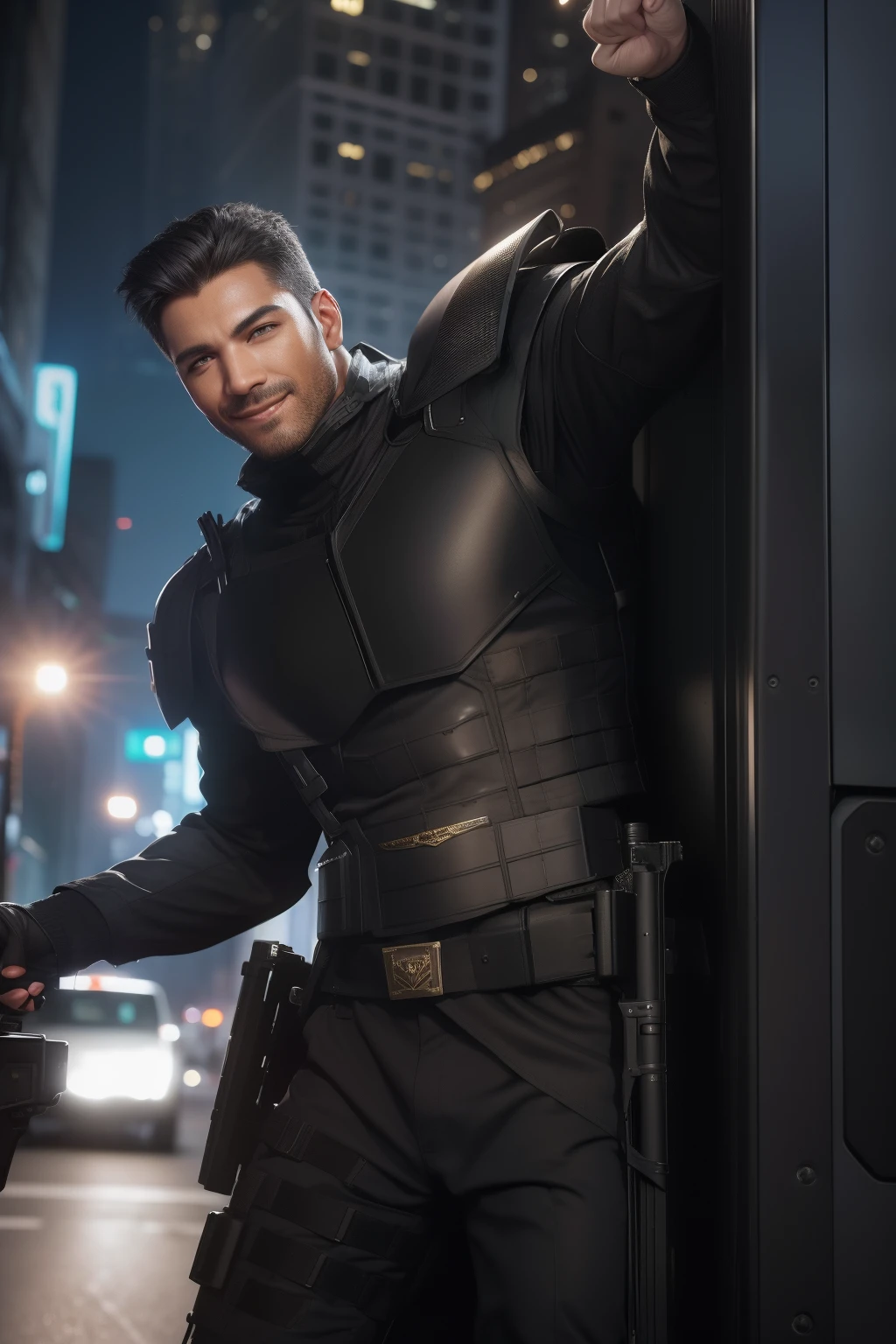 anthro cat, black SWAT outfit, detailed dark mascara, perfect skin, smiling, he is on the side of an Armored SWAT car, in a city, he is heavily armed with a rifle, rule of thirds, high quality background, ultra detailed scenery, ultra sharp focus, detailed dark mascara, perfect professional photo