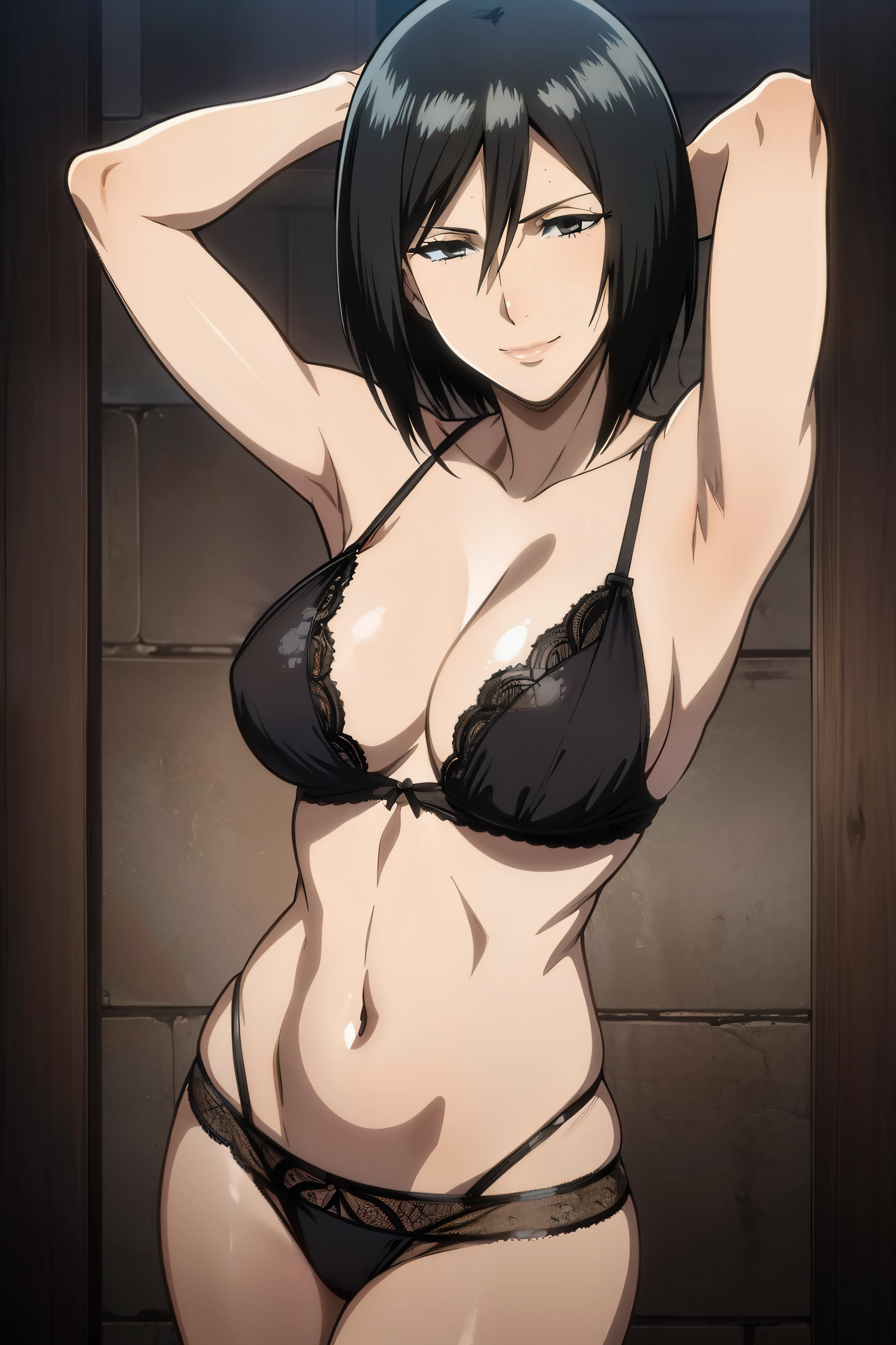 Dazzling, Armpits, intricate detailes, 1girl in, Mikasa Ackerman, (A dark-haired:1.3), hair between eye, short-haired, sideburns, s lips, shut, Yui, s lips, ​masterpiece, best qualtiy,  hason, Baezon, Black eyes,Black eyes, muscle, medium breasts, smil、Black underwear、Lace underwear、Erotic lace underwear