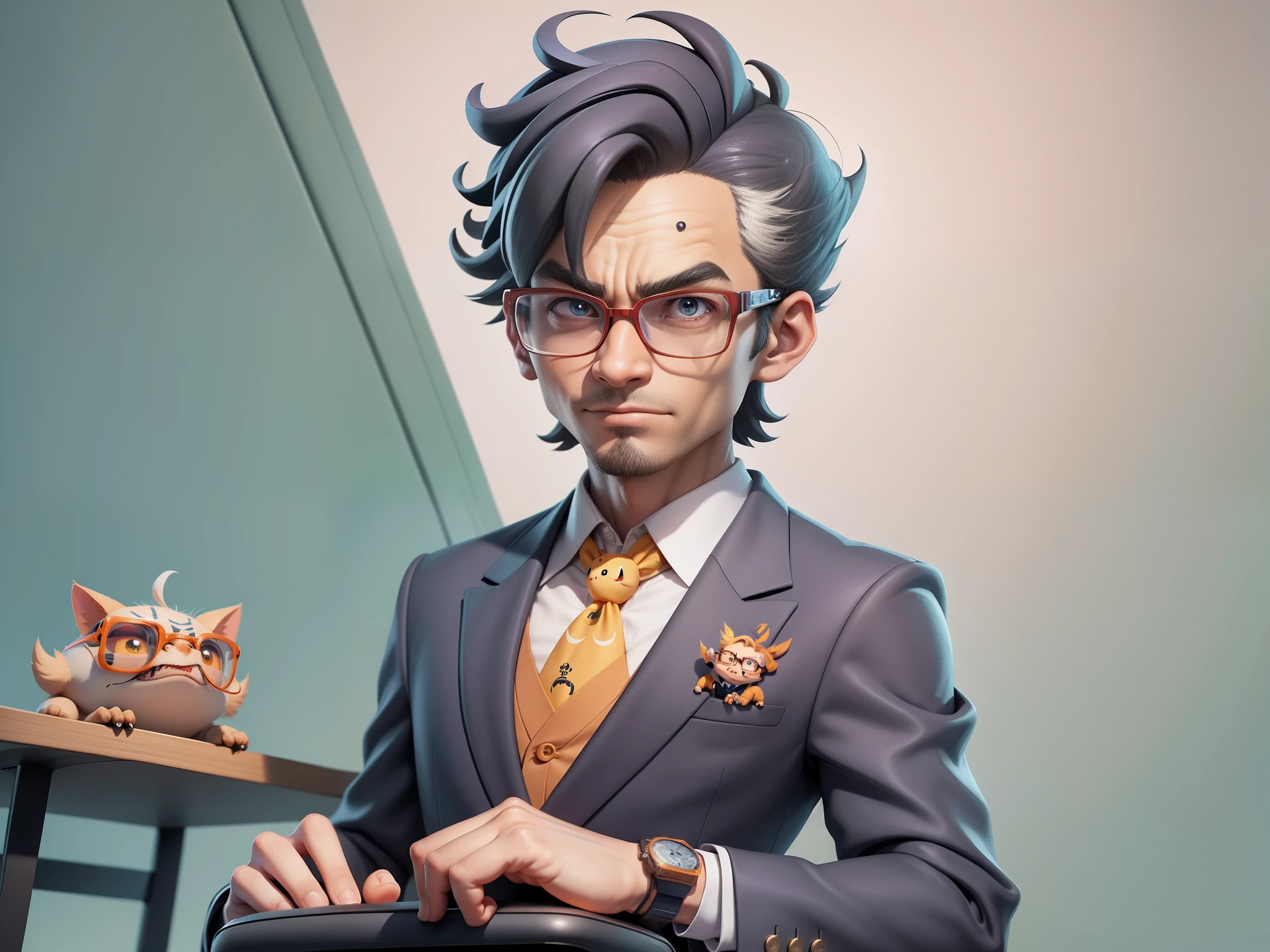 A young man in a suit, Short hair and glasses sat at his desk，holding laptop，digitial painting，tigre，3D character design by Mark Clairen and Pixar and Hayao Miyazaki and Akira Toriyama，4K HD illustration，Very detailed facial features and cartoon-style visuals。
