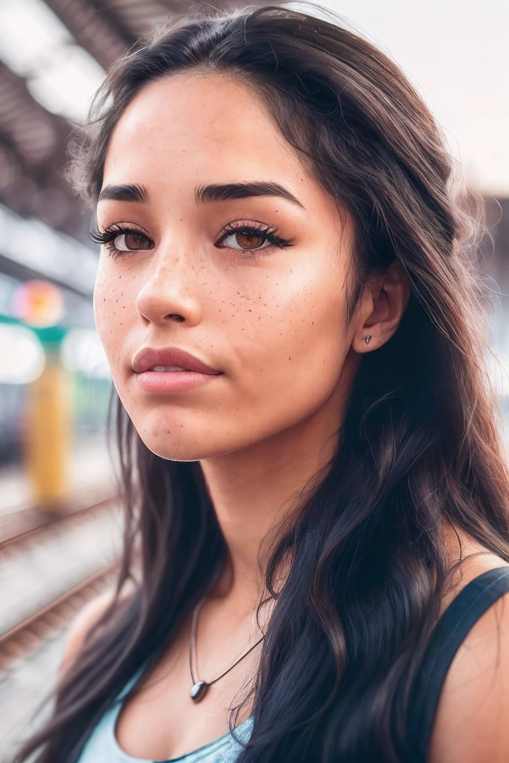 valkyrae half body photo of, young woman at train station, freckles, makeup, Kodak Ultra Max, 85mm, shot on iphone 7, dslr,  high quality, photorealistic, raw, 4k