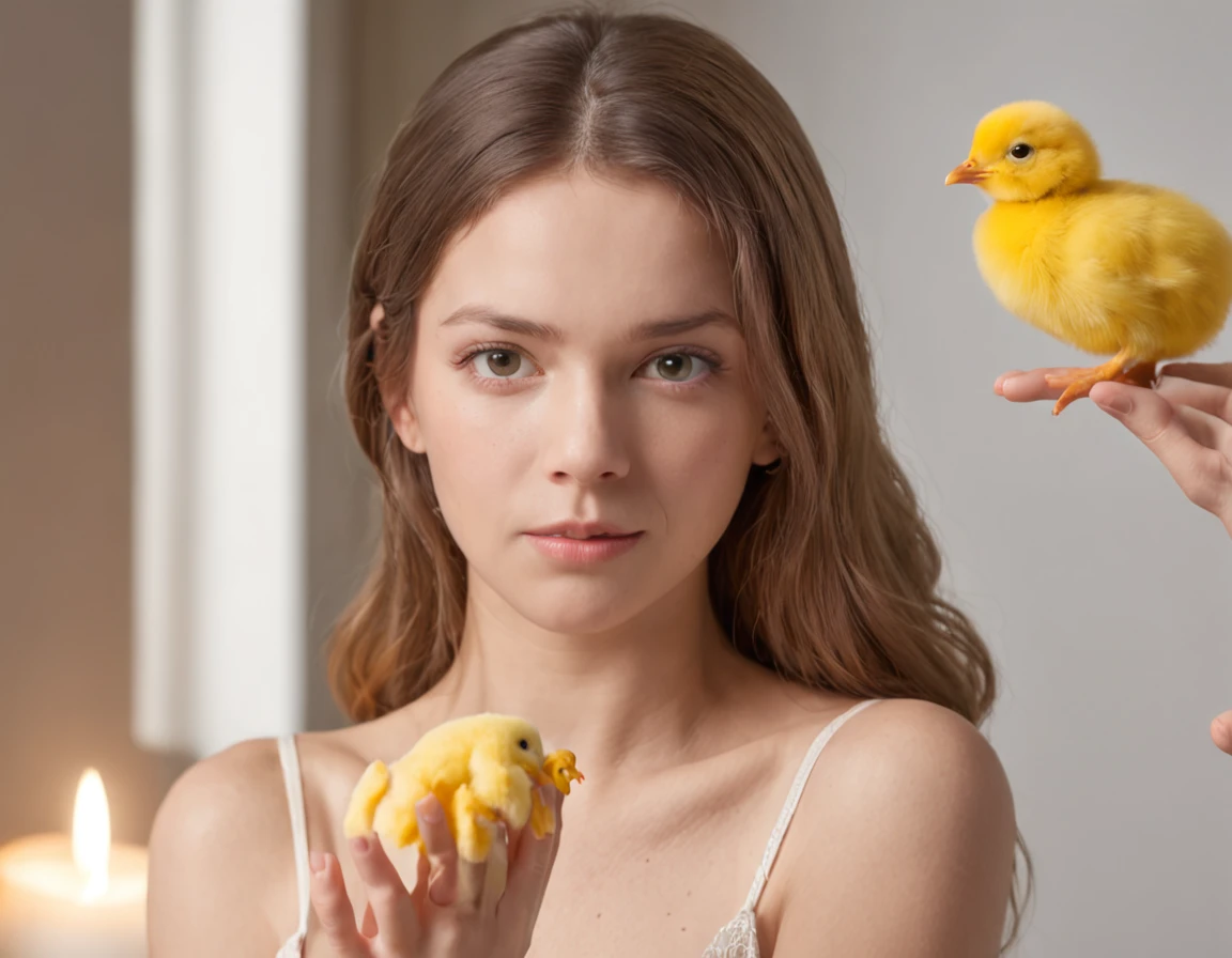 Por favor, crie uma imagem que retrate uma cena dentro de um quarto bem iluminado, where a young woman of 20 years is gently holding a small yellow chick in her hand. His expression is one of complete shock, com os olhos arregalados e a face demonstrando surpresa extrema. The image should be of ultra-high quality (8k) para capturar todos os detalhes e ser uma verdadeira obra-prima (1.2 of artistic quality). The representation should be realistic and photo-realistic (1.37) para dar vida aos elementos, enfatizando o tamanho pequeno e a cor amarela vibrante do pintinho. I want the image to be ultra-detailed to highlight each feature.
Na cena, The young woman will be standing in the room, with the expression of shock being the highlight. The soft and diffuse lighting in the room will enhance both the woman and the chick. I would like the atmosphere to convey a sense of intense and unexpected surprise.
The young woman will have a realistic representation, with detailed facial features that reflect your state of shock. Your eyes will be visibly wide, Transmitting your instant reaction. She will wear comfortable clothes suitable for the home environment. Your hair will be short and stylized in a subtle way. The representation of the young woman will be full-body, emphasizing every detail in a natural and artistic way."