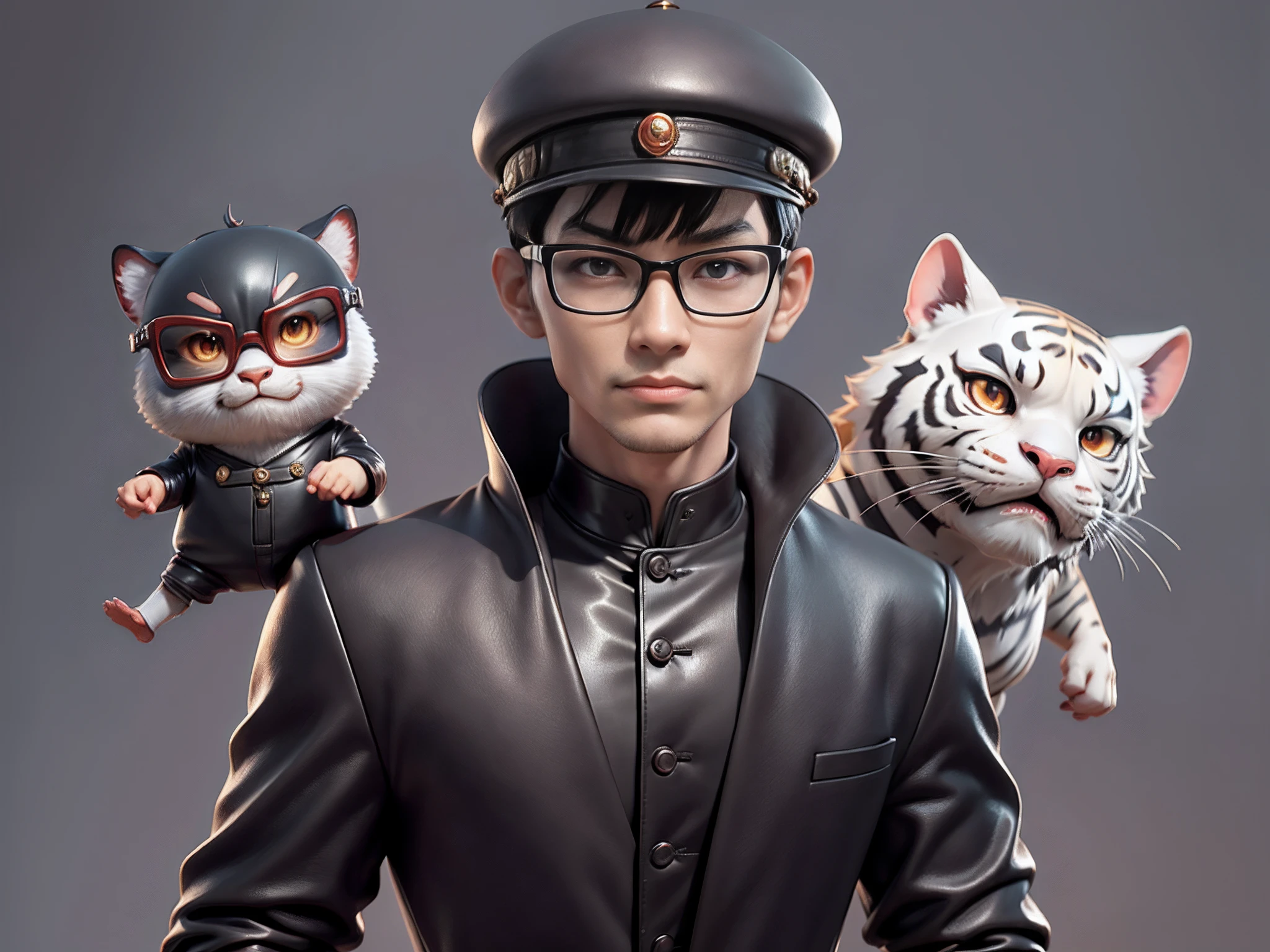 Young man with oriental face in leather hat, tiger, oriental face in formal suit, short black hair, silver glasses, digital painting, 3D character design by Mark Clairedon and Pixar and Hayao Miyazaki and Akira Toriyama, the illustration is a high-definition illustration in 4K resolution with very detailed facial features and cartoon-style visuals.
