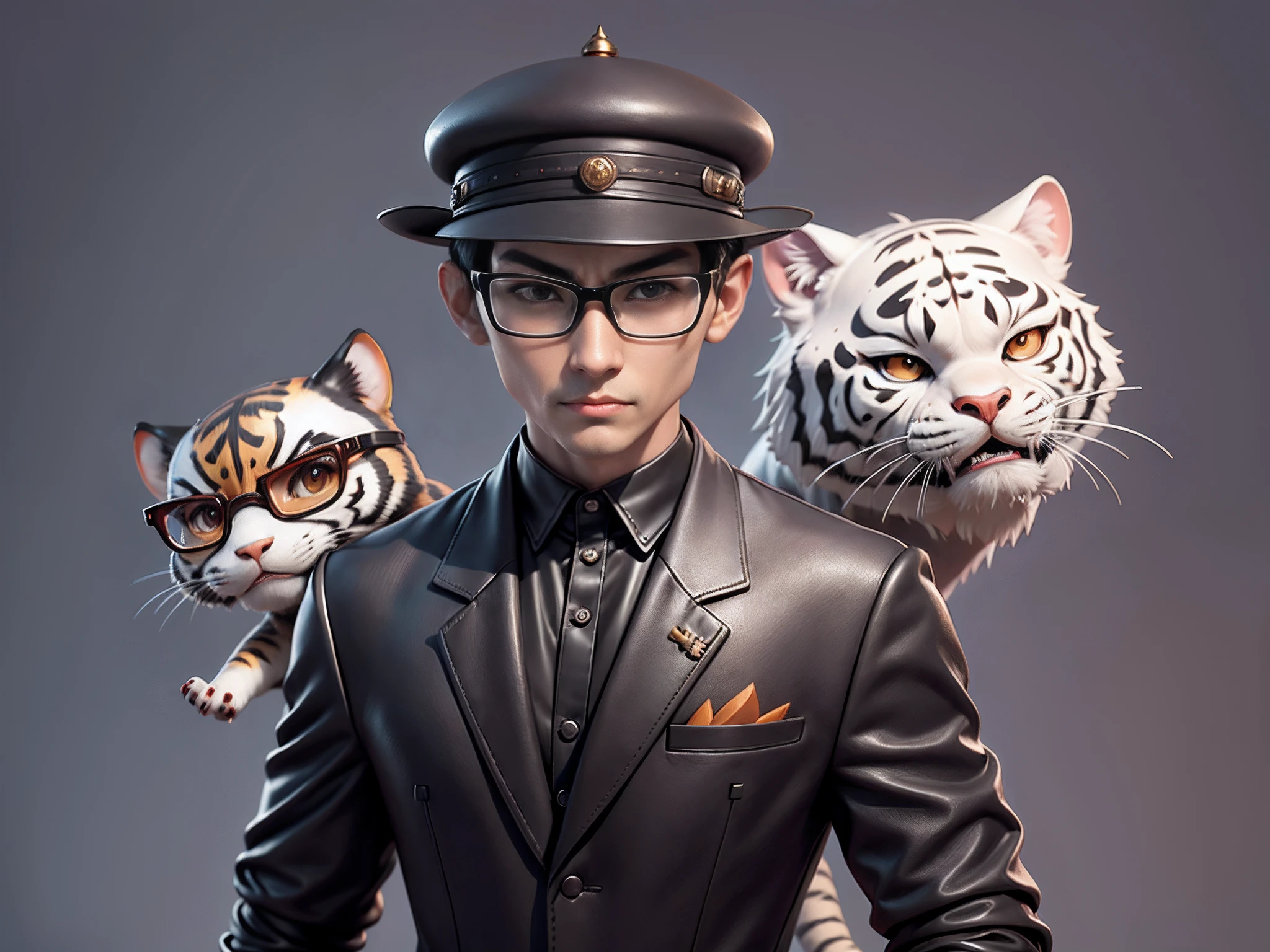Young man with oriental face in leather hat, tiger, oriental face in formal suit, short black hair, silver glasses, digital painting, 3D character design by Mark Clairedon and Pixar and Hayao Miyazaki and Akira Toriyama, the illustration is a high-definition illustration in 4K resolution with very detailed facial features and cartoon-style visuals.