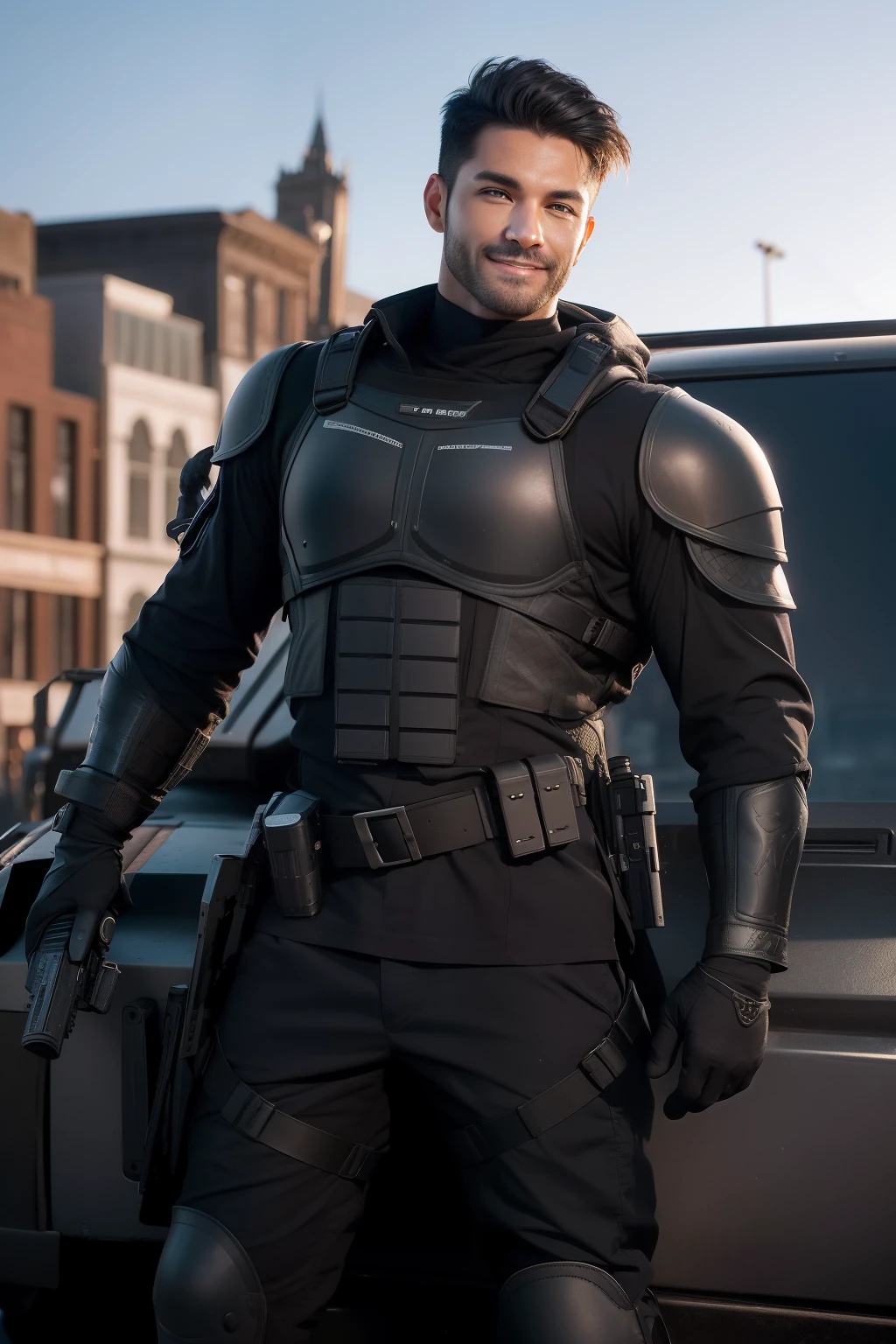 anthro cat, black SWAT outfit, detailed dark mascara, perfect skin, smiling, he is on the side of an Armored SWAT car, in a city, he is heavily armed with a rifle, rule of thirds, high quality background, ultra detailed scenery, ultra sharp focus, detailed dark mascara, perfect professional photo