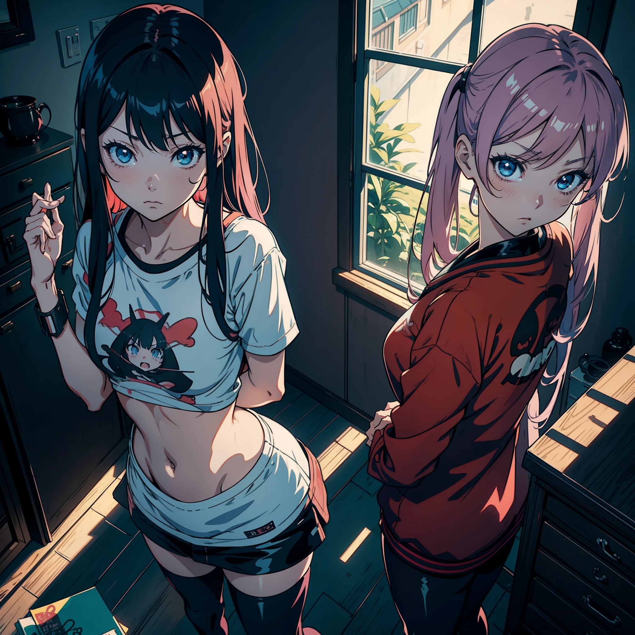 Anime girls at home,orthofacial,expressioness,Inside the house angrily talking,Towards the front,tidal current,Raised sexy,style of anime4 K, Digital anime illustration, anime vibes, anime styled digital art, Anime style. 8K, lofi-girl, Anime art wallpaper 8 K,