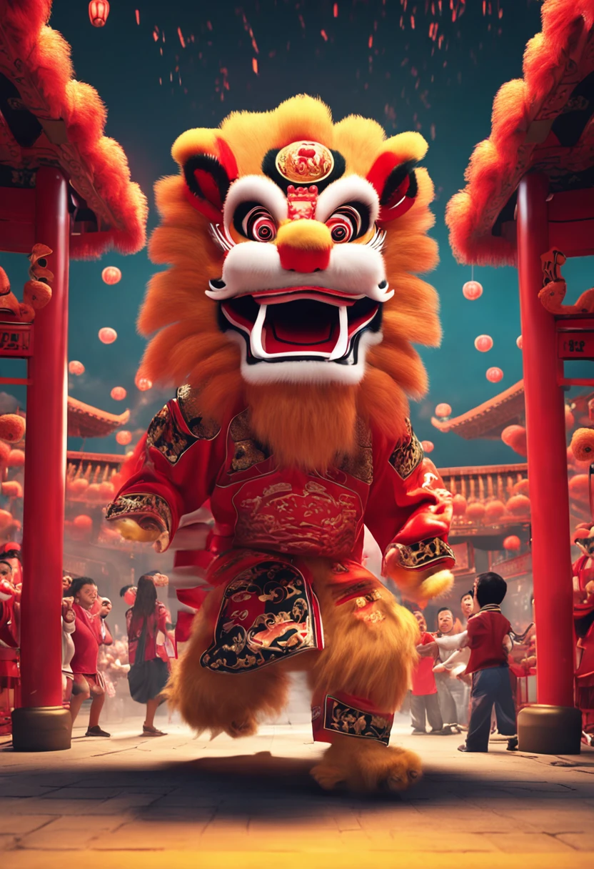 Lion dance with lion head in the background,The two people in front stood facing each other with short knives and looked at each other