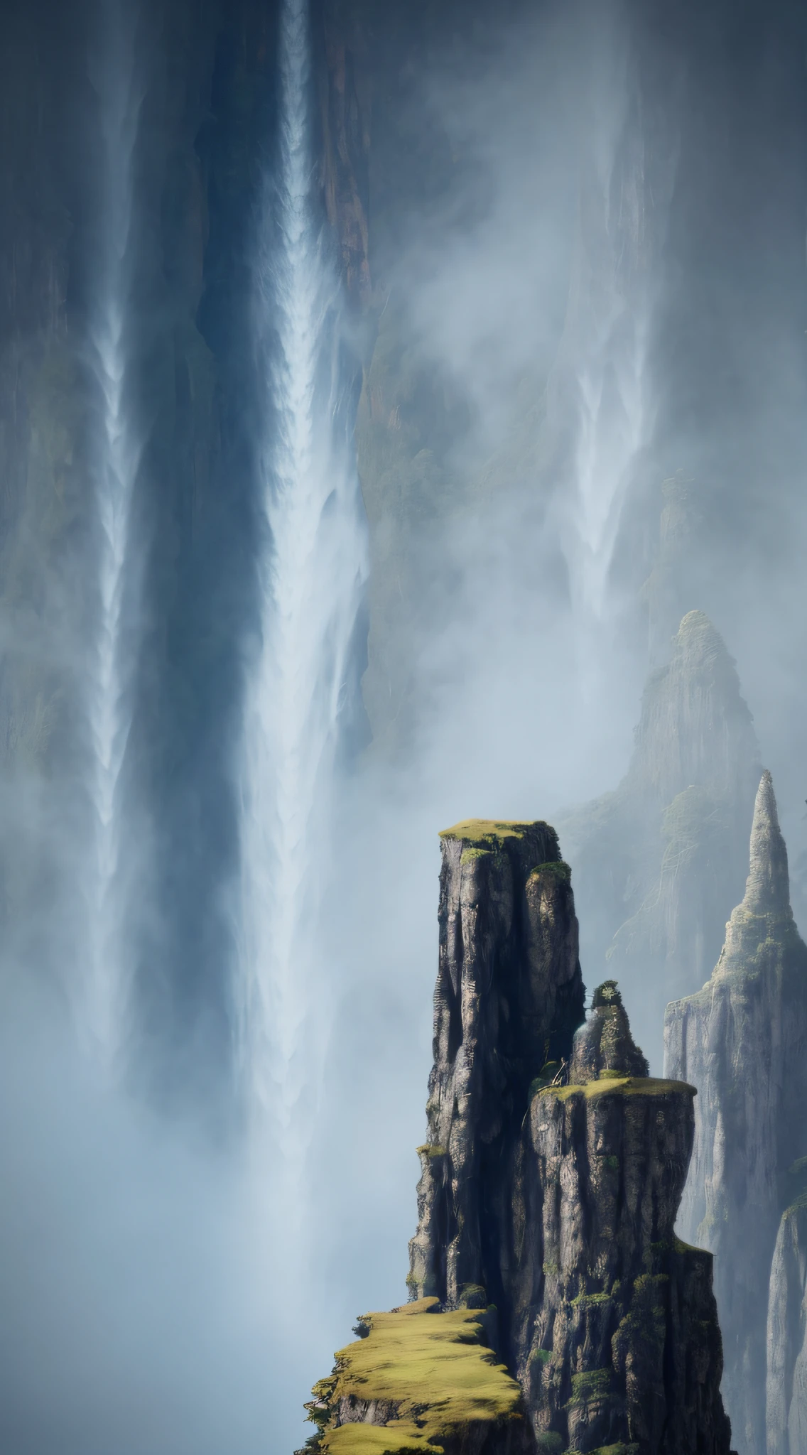 There are cliffs in front，The background is a waterfall, distant waterfalls, mist from waterfall, waterfallr, Epic realistic cinematic footage, floating waterfalls, huge waterfalls, an endless waterfall, Realistic waterfall, waterfall in background,  Epic cinematic sense, waterfallr. Heavy fog, Ultra-realistic 4 K quality, A very wide waterfall