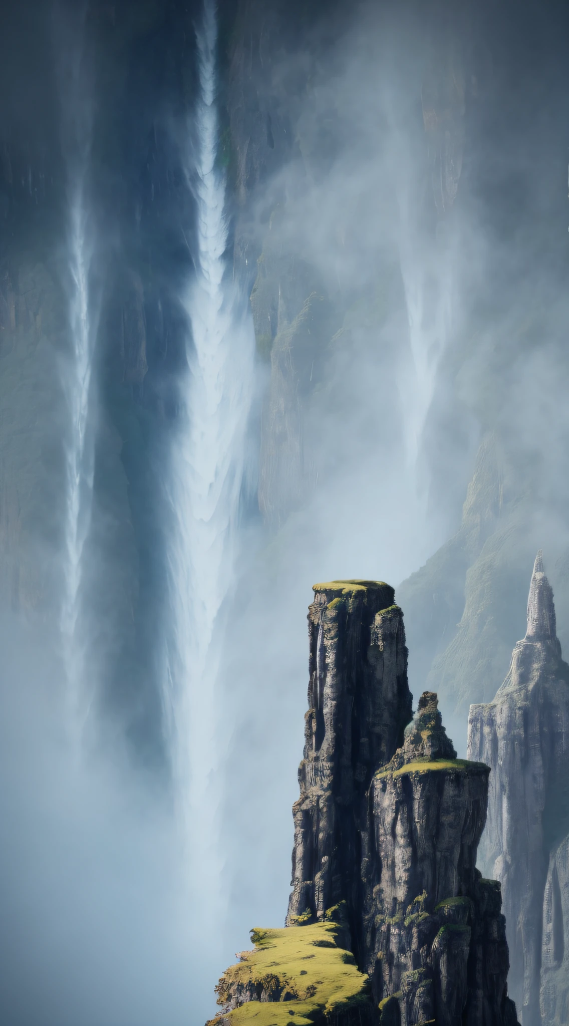 There are cliffs in front，The background is a waterfall, distant waterfalls, mist from waterfall, waterfallr, Epic realistic cinematic footage, floating waterfalls, huge waterfalls, an endless waterfall, Realistic waterfall, waterfall in background,  Epic cinematic sense, waterfallr. Heavy fog, Ultra-realistic 4 K quality, A very wide waterfall