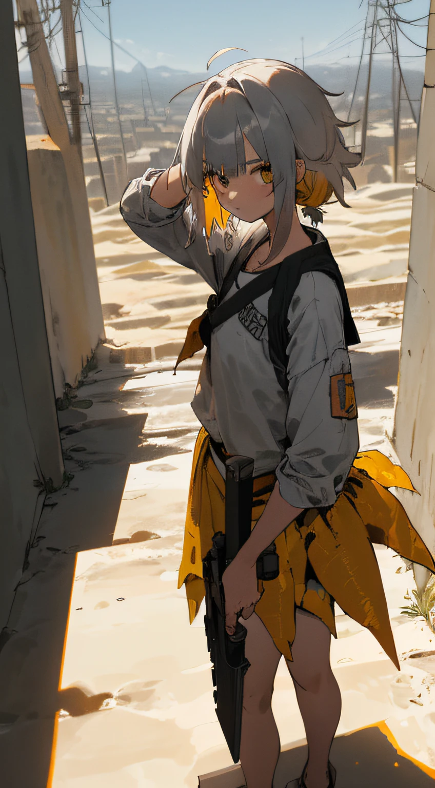 (obra-prima, melhor qualidade), (1girl, sozinho), ((usando epTactical, cabelo curto, Cabelo laranja, olhos verdes, hair messy)), 1 rifle, Cidade, rua, heaven, nuvens, standingn, olhando para os espectadores, Natural volumetric lighting and better shadows,