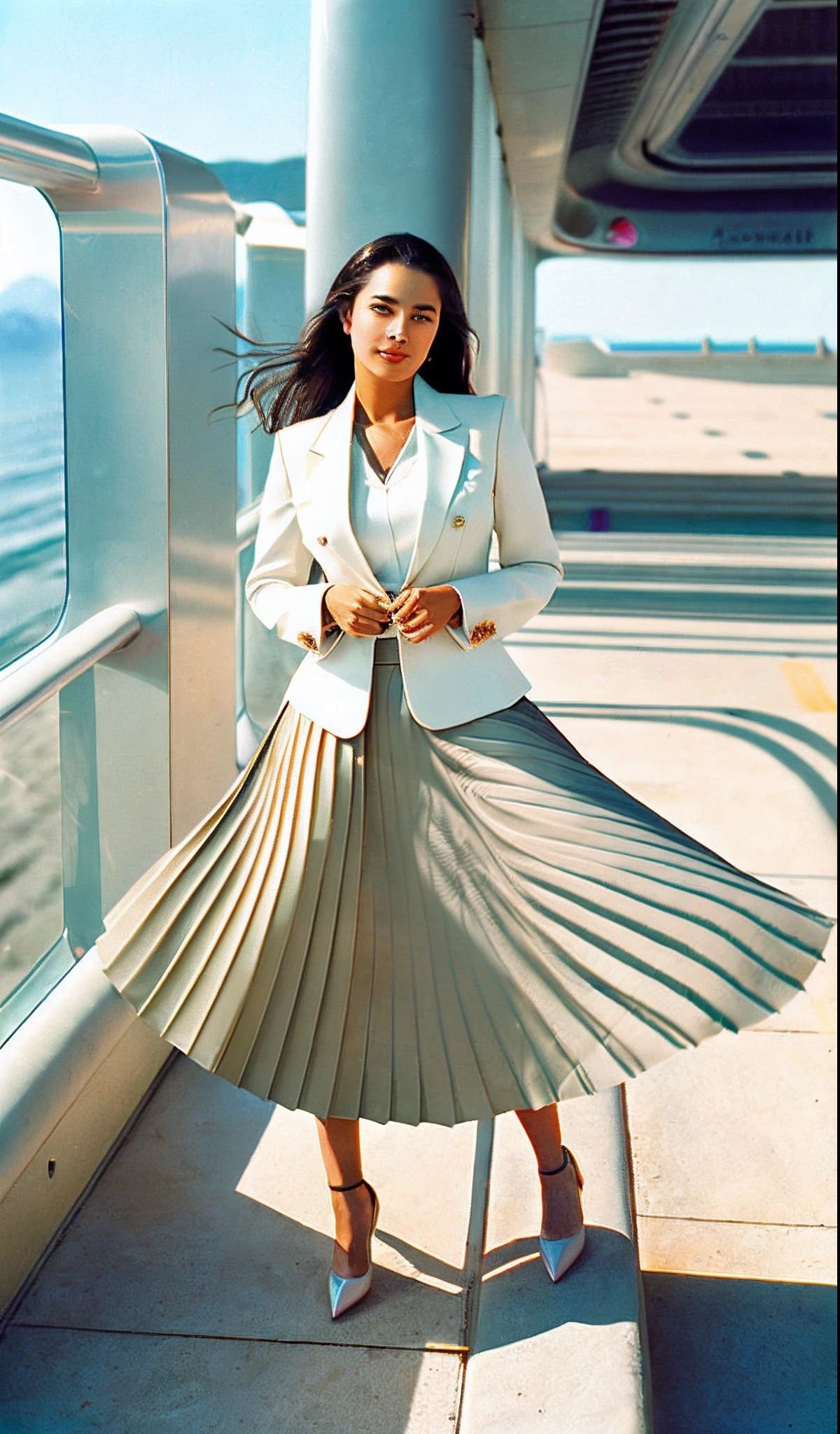 year 2288, lesbian space therapist, very (flirty:1,5) smiling good women wearing a short blazers and very very detailed (long (fully pleated) full circle skirts) and (simple) low heeled office shoes, very very intricate hyper-detailed symmetric (attractive graceful young feminine faces) with (sad, tired eyes and a shy smile), large breasts, full of empathy and compassion and love, (pronounced (feminine) features), (highly detailed ultra accurate realistic) hands and fingers, (windy conditions and wind blowing), epic composition, highly detailed attributes, highly detailed atmosphere, (35mm f1.4 Kodak portra 400 photograph), extremely high quality RAW photograph,