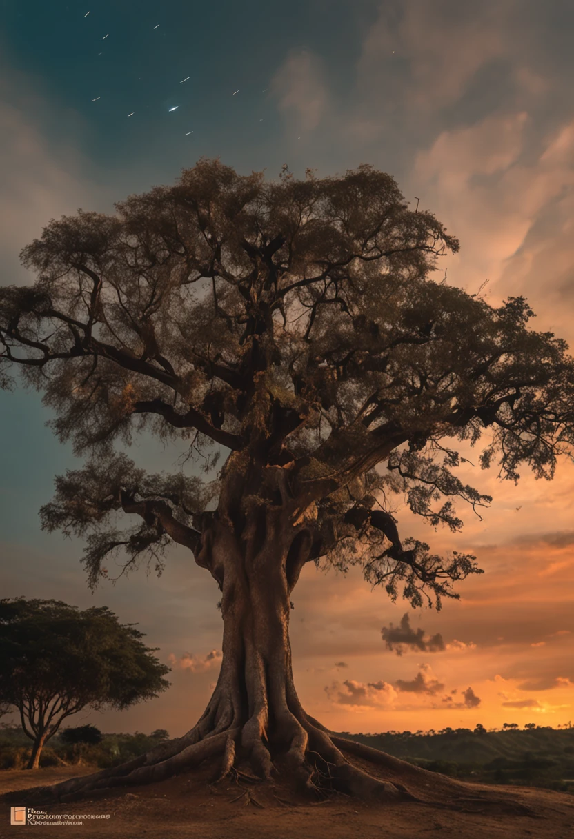 ma large sturdy tree, with strong roots visible above the ground, situada no centro da imagem. Penduradas em seus galhos, there are illuminated lanterns that radiate a soft golden light. Below the tree, Several people of different ages and ethnicities are sitting in a circle, ouvindo atentamente uma senhora idosa (which represents wisdom and the transmission of stories) Narrating a story. The sky in the background has a sunset orange gradient, passando pelo azul celeste, until you reach the deep blue of the early evening, with the first visible stars.