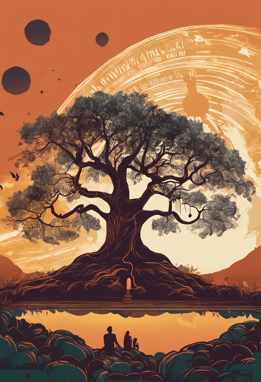 ma large sturdy tree, with strong roots visible above the ground, situada no centro da imagem. Penduradas em seus galhos, there are illuminated lanterns that radiate a soft golden light. Below the tree, Several people of different ages and ethnicities are sitting in a circle, ouvindo atentamente uma senhora idosa (which represents wisdom and the transmission of stories) Narrating a story. The sky in the background has a sunset orange gradient, passando pelo azul celeste, until you reach the deep blue of the early evening, with the first visible stars.
