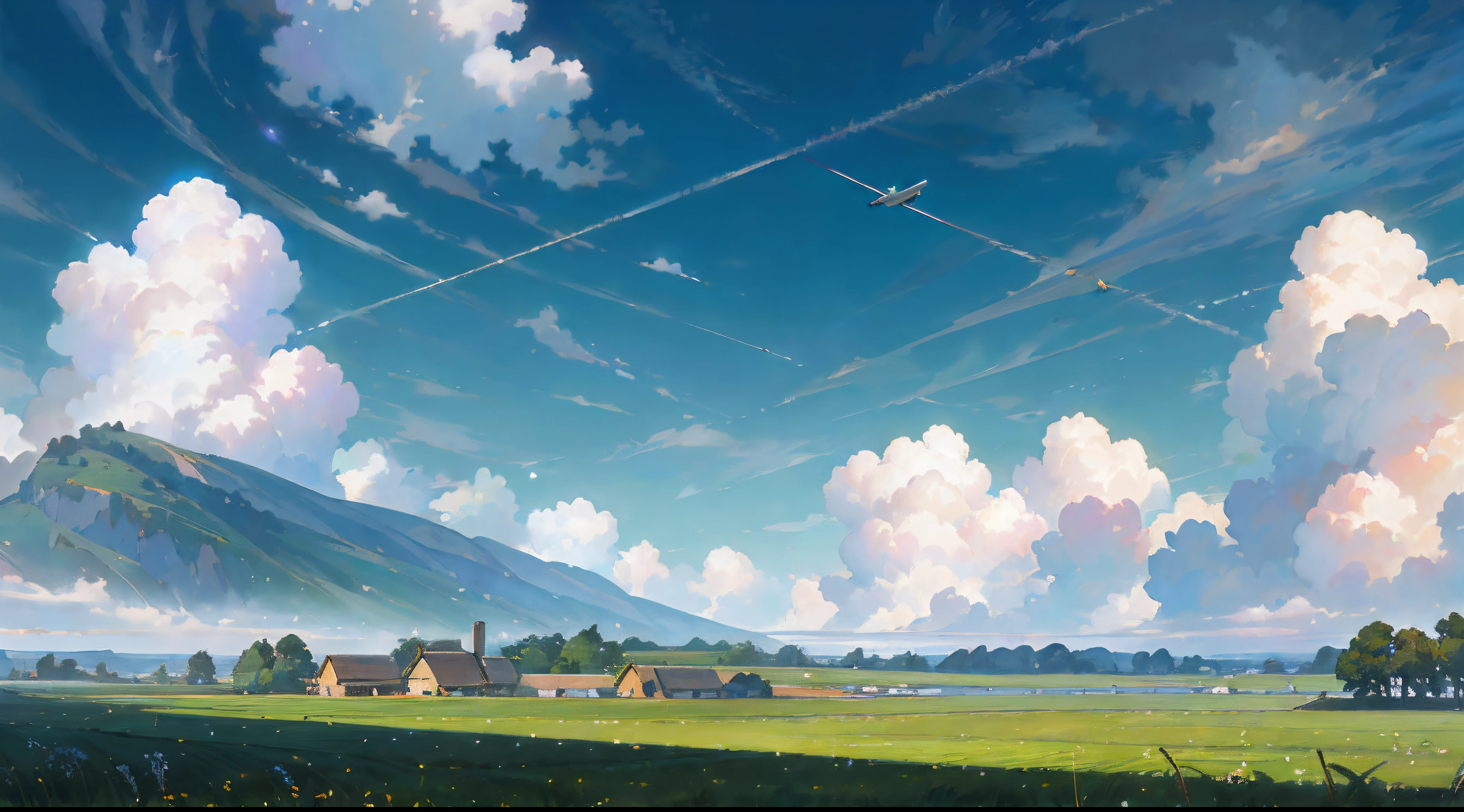 there is a painting of a plane flying over a green field, anime countryside landscape, in style of makoto shinkai, cosmic skies. by makoto shinkai, makoto shinkai. —h 2160, inspired by Makoto Shinkai, style of makoto shinkai, ( ( makoto shinkai ) ), anime landscape