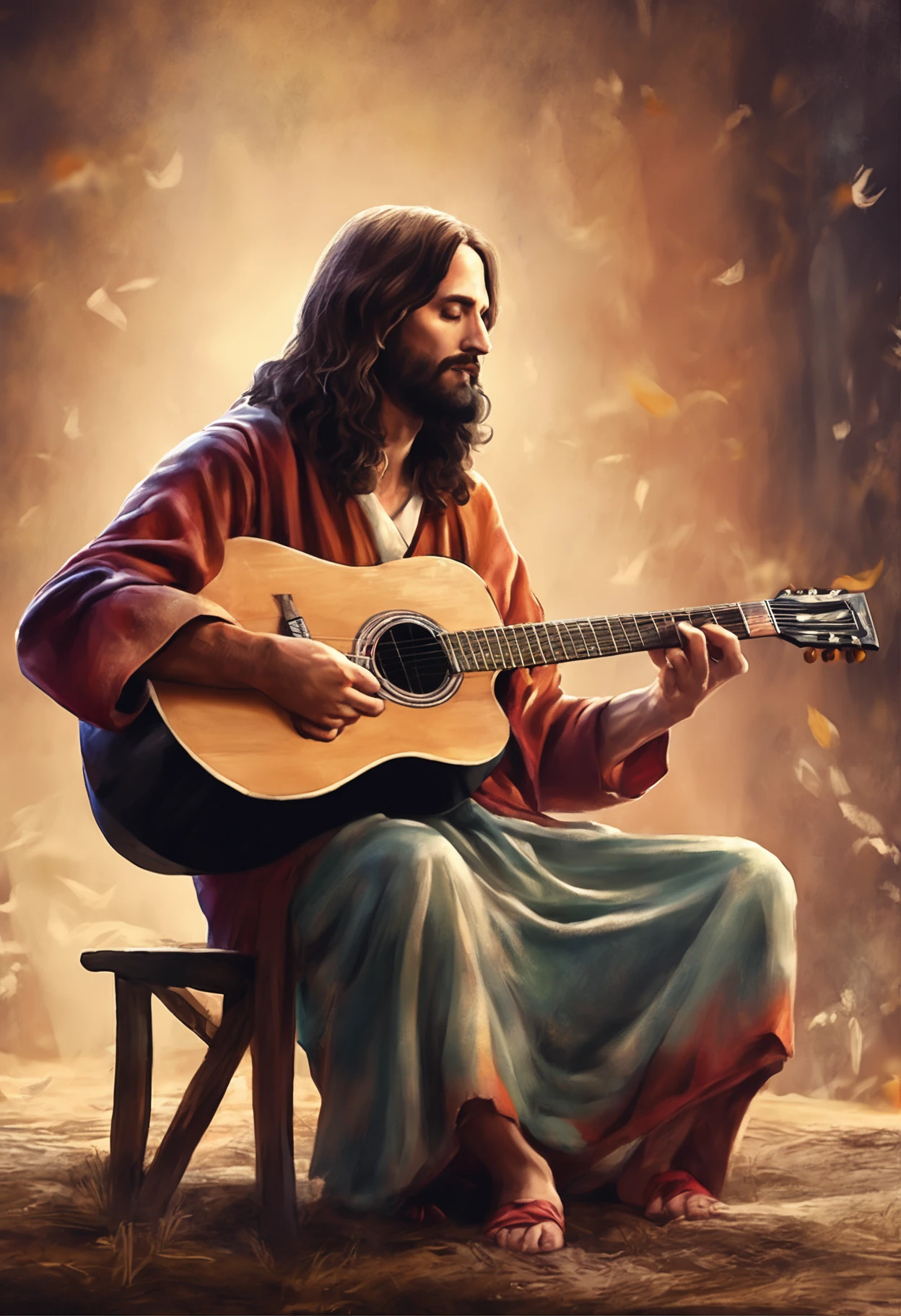 jesus christ playing guitar, painting, cartoon