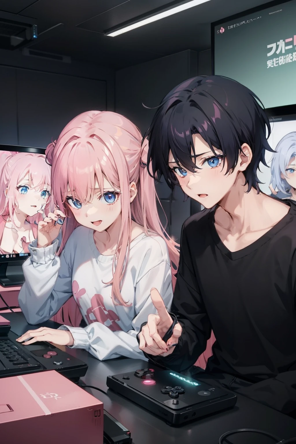 anime couple , 1 boy with dark hair and blue eyes , 1 girl with pink hair and pink eyes, Shows the tongue, Tease, The boy has a controller from a game console in his hands , The girl reaches for the controller , Natural hands , Surroundings Night , light from the monitor screen , computer chair
