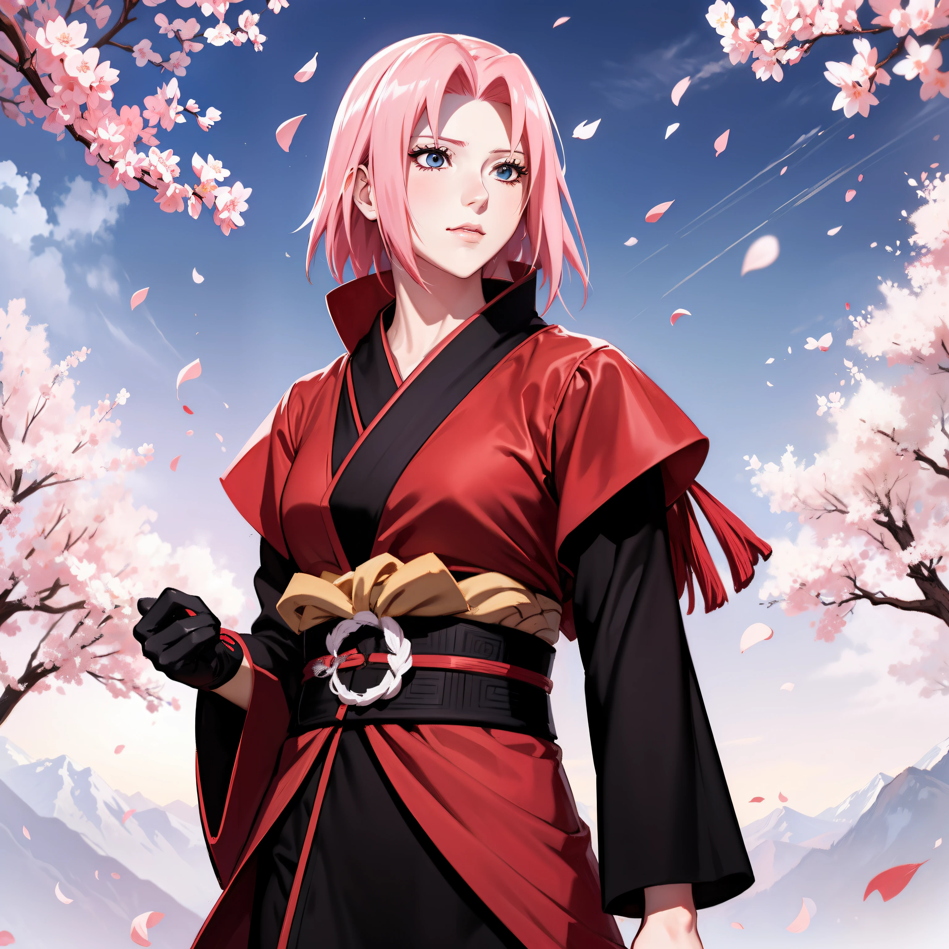 personagem sakura do anime naruto vestindo um kimono preto e rosa, katan samurai vermelho e rosa, atmosfera com petalas de sakura