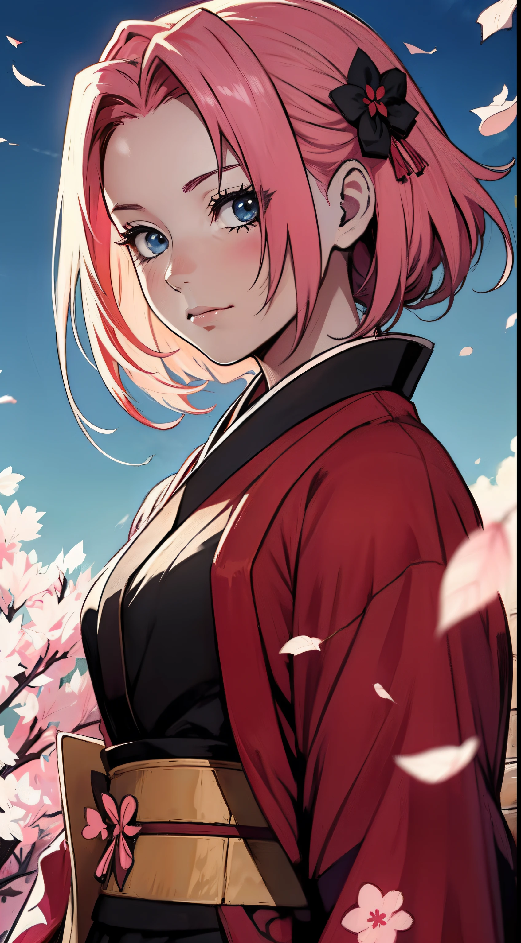 personagem sakura do anime naruto vestindo um kimono preto e rosa, katan samurai vermelho e rosa, atmosfera com petalas de sakura