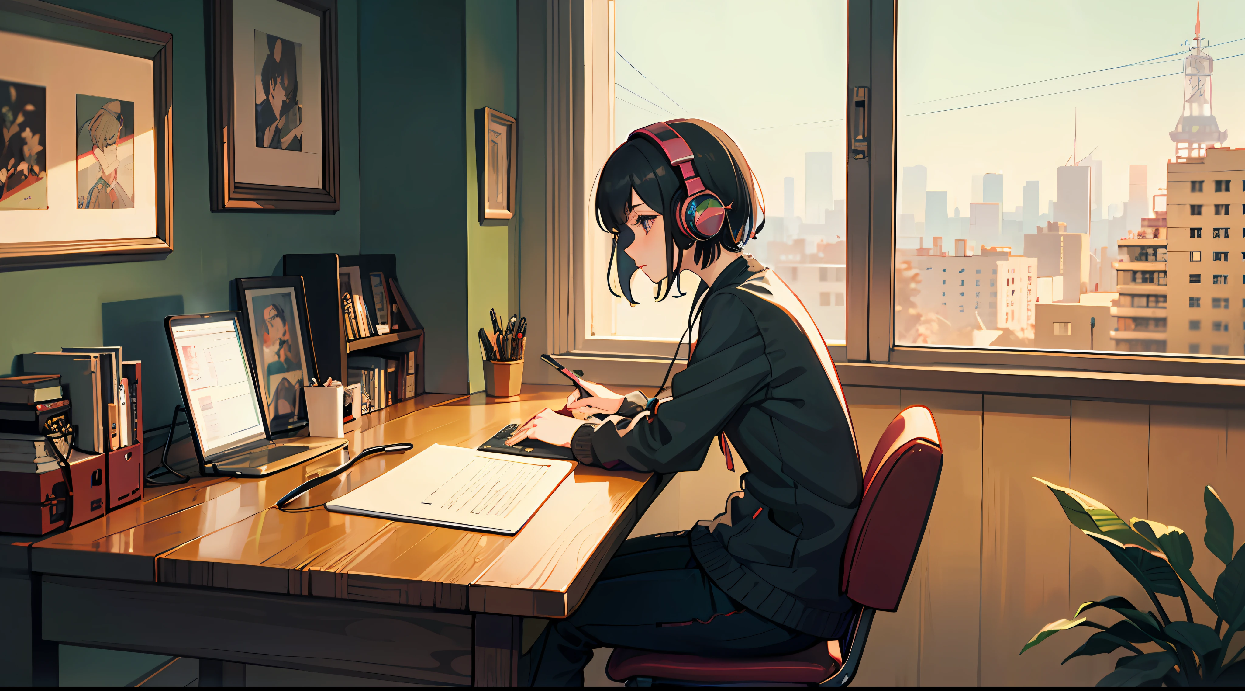 Anime girl with headphones sitting at a table with a laptop, lofi girl, lofi artstyle, lofi art, lofi vibes, lofi feel, lofi hip hop, lofi, chillhop, lofi girl aesthetic, lofi portrait, lofi vibe, lofi colors, anime vibes, lofi aesthetics --auto