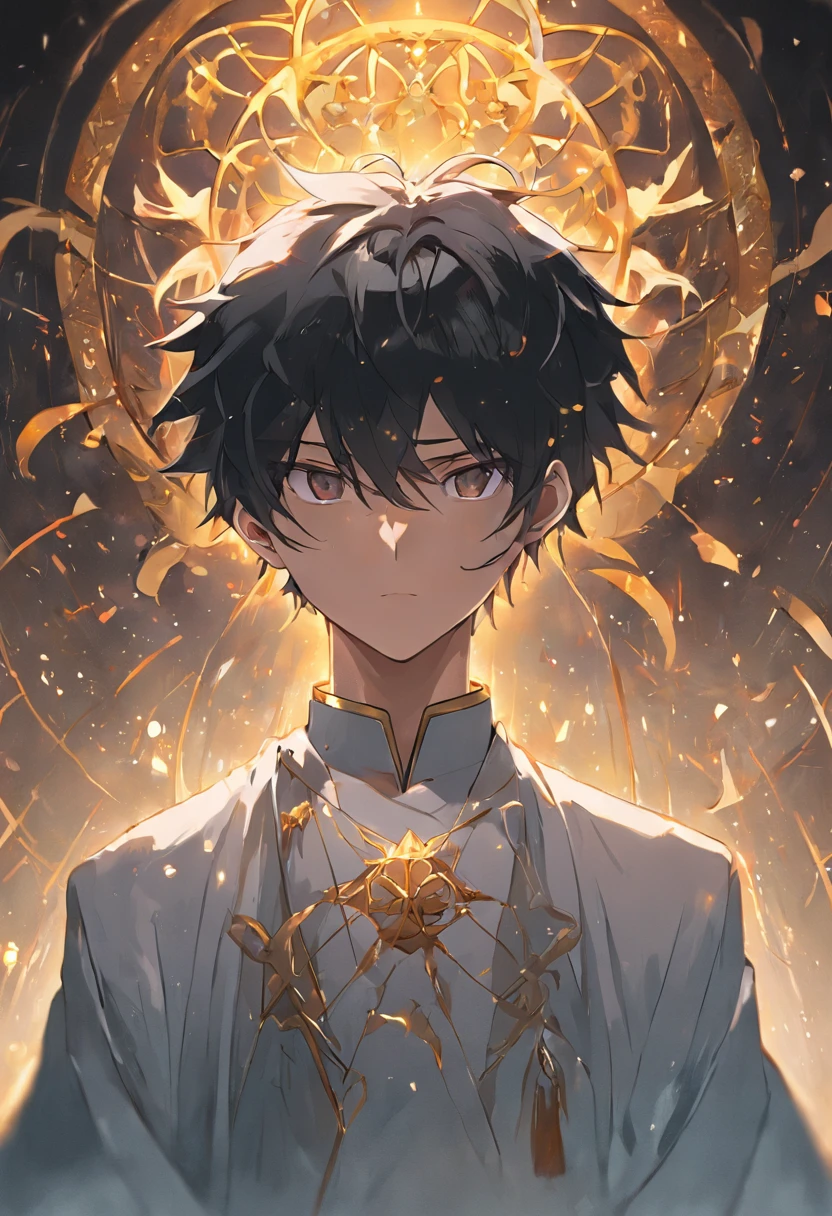 Handsome male,Young person,wise man,Short black hair without light,Deep black eyes have no light,Put on a simple white robe full of wisdom,The sleeves are decorated with a small amount of gold inlays,There are no ornaments all over the body,peacful,face expressionless,Stand calmly,facing to audience,quadratic element,Behind him are Darkness and Cthulhu