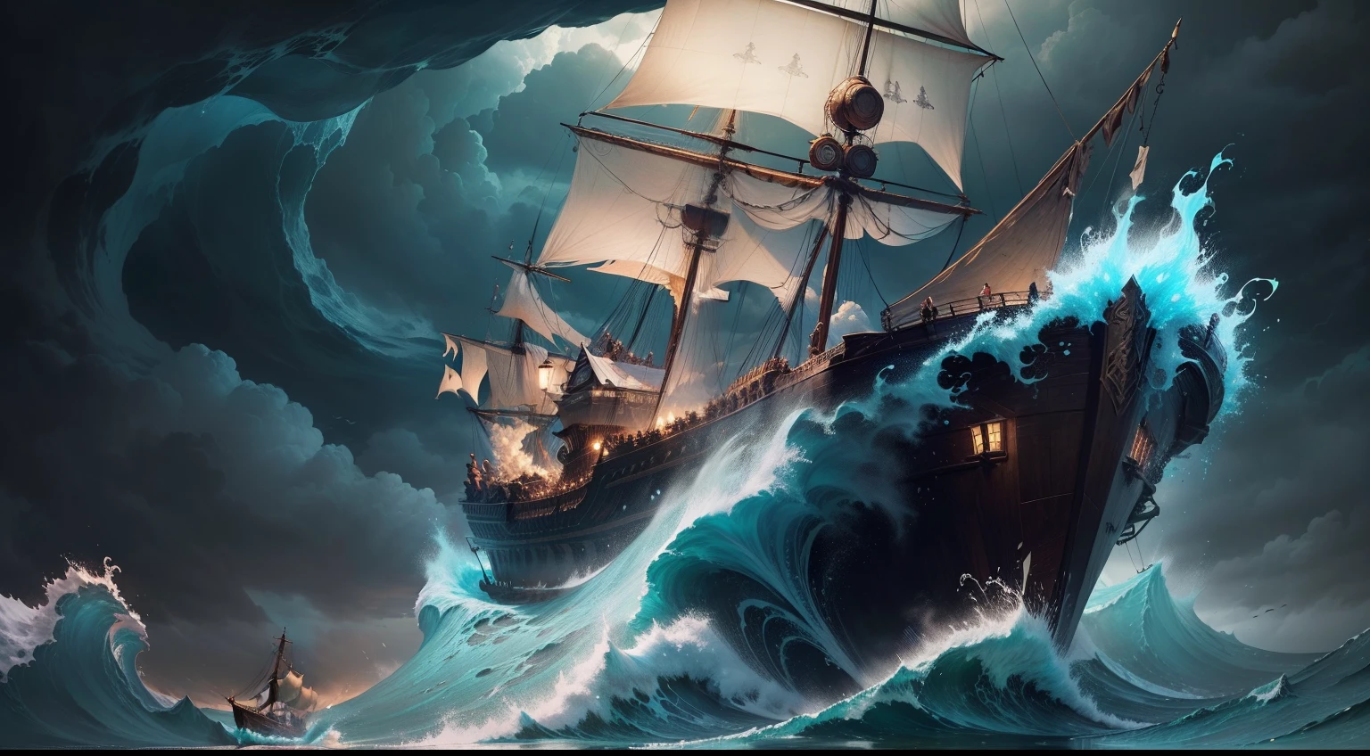 "Describe a dramatic scene of Noah's Ark in a raging sea. The ark is seen sailing without sails, sendo empurrada pelas ondas altas e tempestuosas. The sky is dark and overcast, com raios cortando o horizonte. A chuva cai torrencialmente, Creating a veil of water around the ark. On deck, the animals are agitated, Seeking shelter and safety. Noah and his family fight to keep the ark in check, looking determinedly at the tumultuous horizon, while the ark is lifted by an imposing wave."