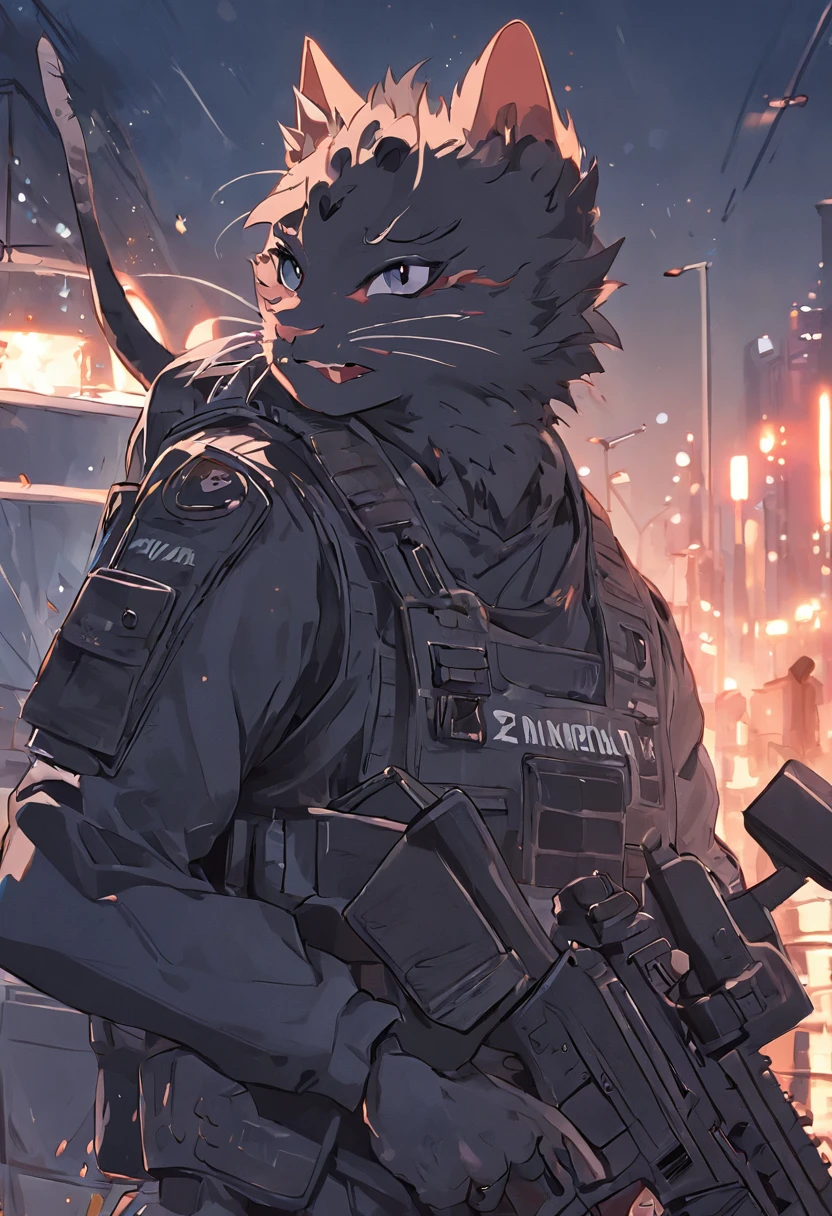 anthro cat, black SWAT outfit, detailed dark mascara, perfect skin, smiling, he is on the side of an Armored SWAT car, in a city, he is heavily armed with a rifle, rule of thirds, high quality background, ultra detailed scenery, ultra sharp focus, detailed dark mascara, perfect professional photo