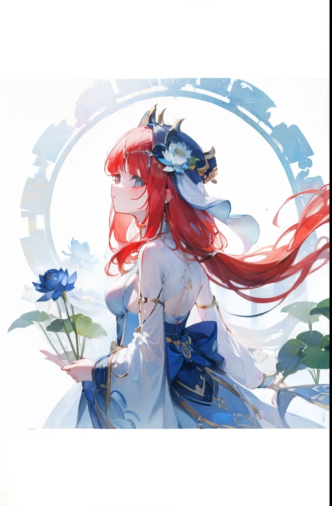 blue lotus flower pattern white background, girl facing sideway, red long hair