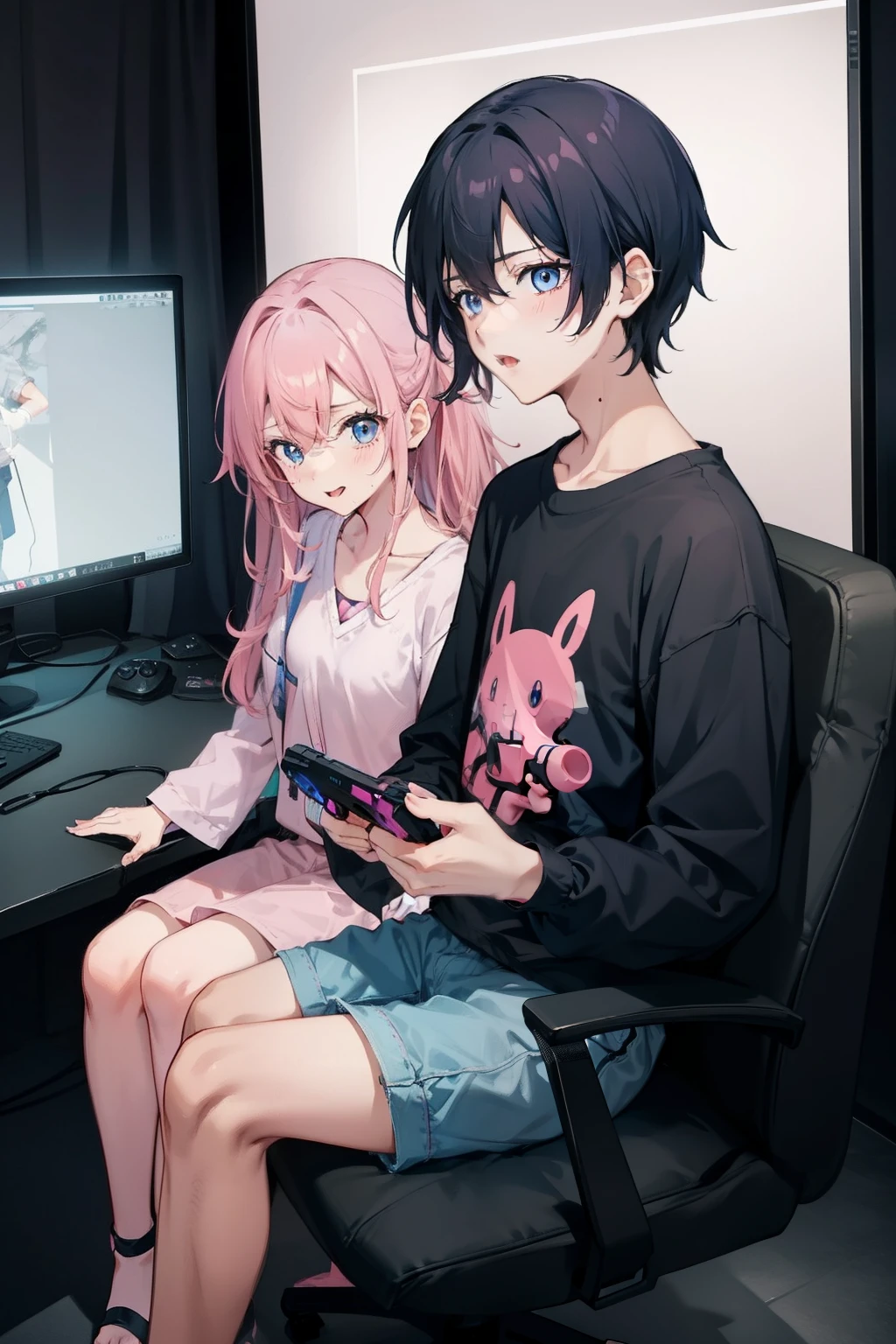 anime couple , 1 boy with dark hair and blue eyes , 1 girl with pink hair and pink eyes, Shows the tongue, Tease, The boy has a controller from a game console in his hands , The girl reaches for the controller , Natural hands , Surroundings Night , light from the monitor screen , computer chair