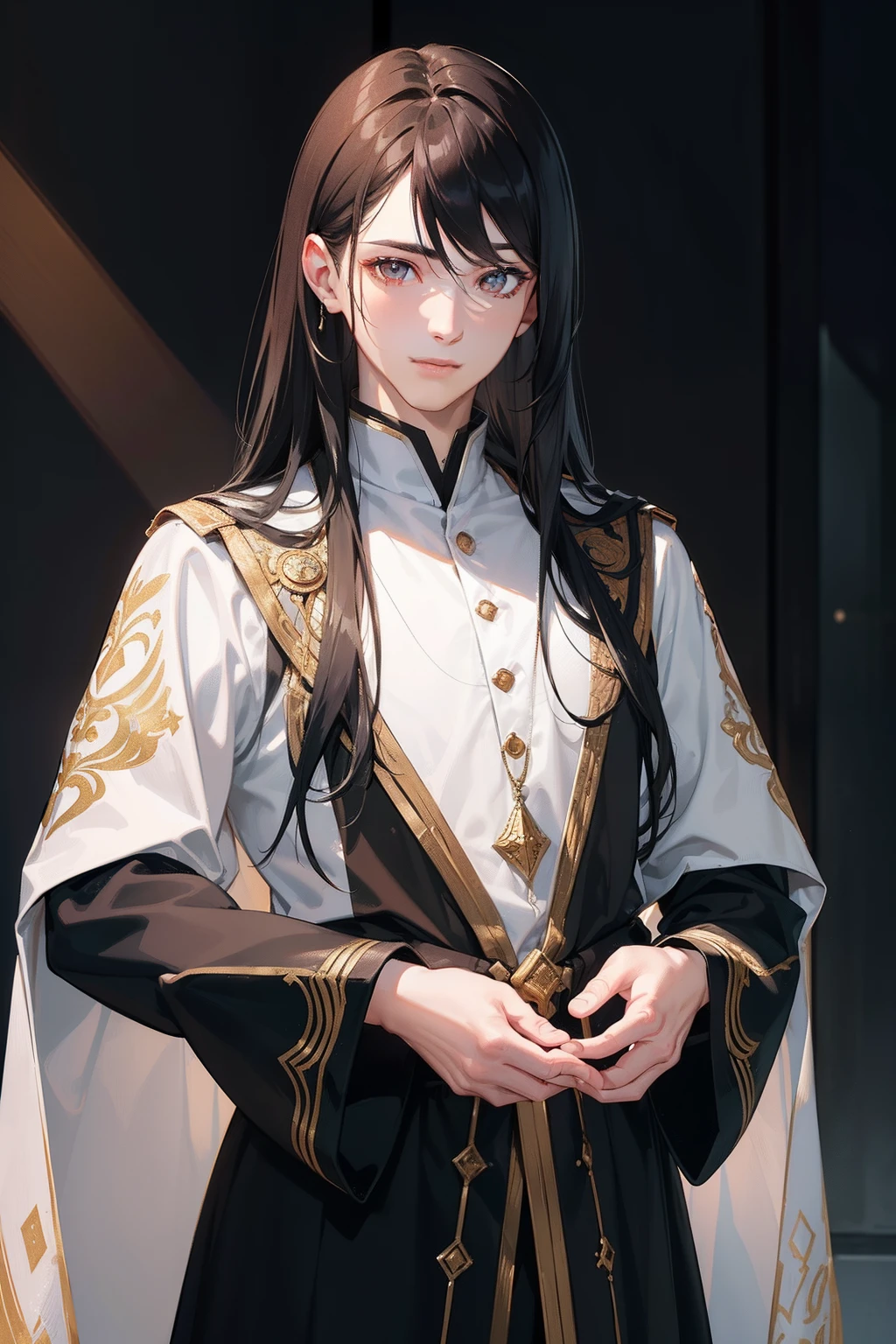 1 male with unique and attractive features, bright white skin, long and black hair that falls over his shoulders, ((big eyes, bright eyes, dark brown eyes, and these eyes carry a mysterious luster and hidden tale)). ((He has a warm and attractive smile that gives his face a touch of charm and attractiveness)), ((Wearing strange and unique clothes, reflecting an artistic and innovative character)), 8k, high quilty, realistic, beautiful realistic, Cool details, raw photo, realistic clothing, long hair, black hair, realistic hair, Light and cool lighting, photo realistic, Cel shaded, Gel lighting, ultra details