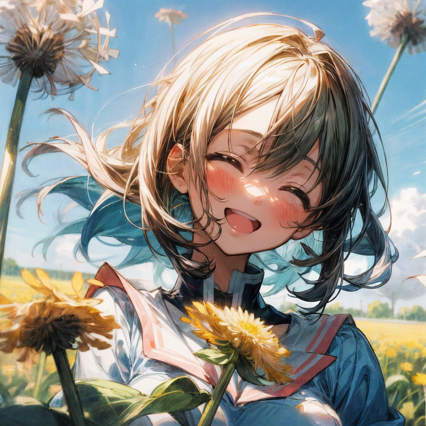 Anime girl with dandelions blowing in the wind, Anime visuals of cute girls, Happy expression, happy girl, Smiling, Close eyes,Cute,Happy and cheerful look, she expressing joy, anime image, Very happy, Cute anime girl, Smiling expression, Beautiful Anime Portrait, Soft and surprised smile, soft anime illustration, Anime Illustration, she is smiling and happy, beautiful anime artwork, Cheerful expression