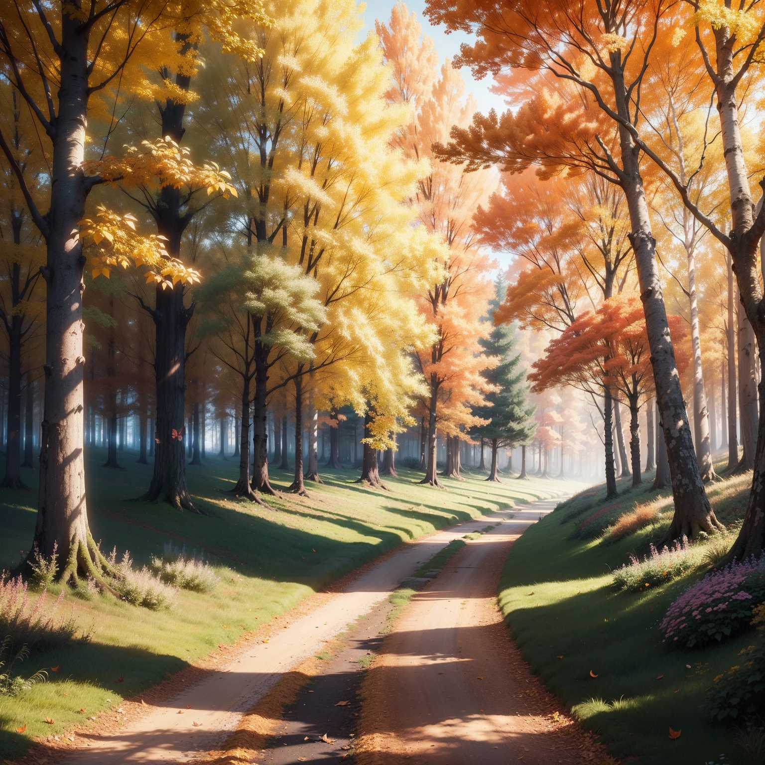 A beautiful wild forest, butterfly and falling leaves and flowers tail in the air with windblowing, colorful, fantasy, wallaper, 8k --auto