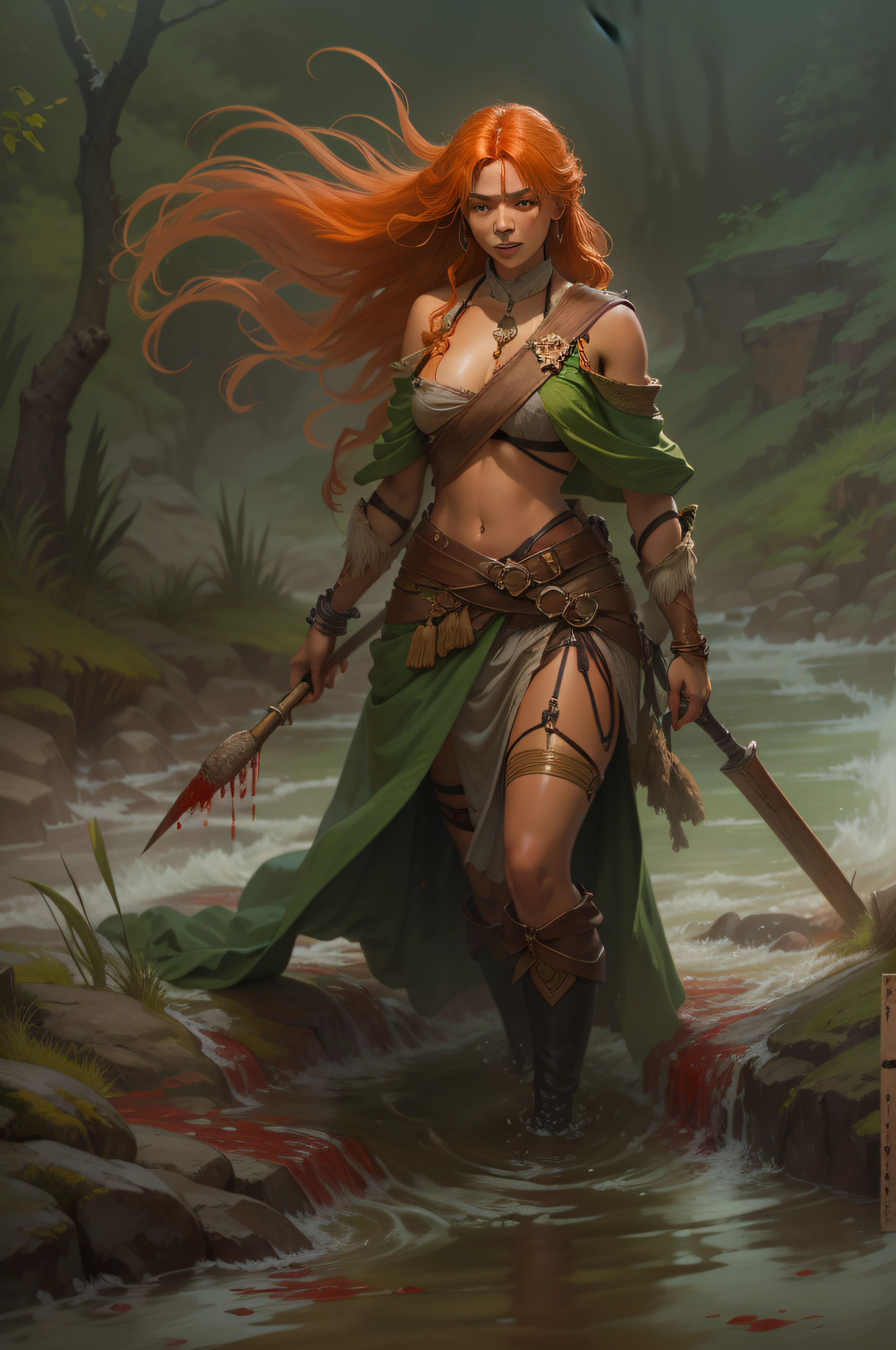 A handsome female with an extremely long orange-haired lady and light brown skin, dressed in a small green loincloth and covered in blood. Crossing a wild blood river