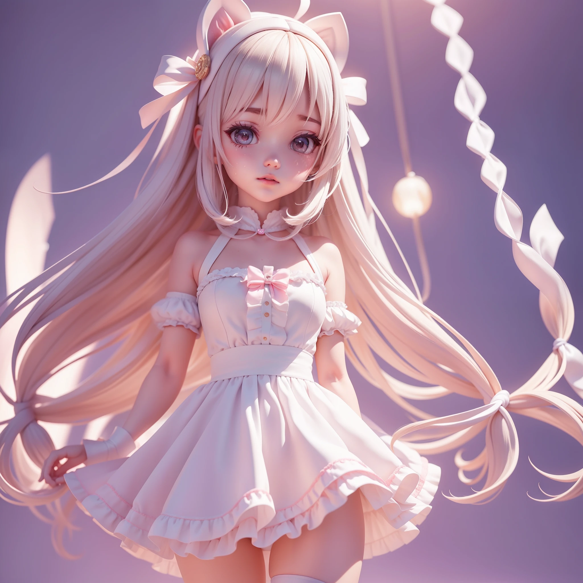 anime illustration：Cute girl，white dresses，pinkdoublehorsetailbraid，white headgear，The measurements are moderate，Full body display，Outstanding image quality，Realistic details，Glow，Sweating effect（1.4 times），high resolution and detail，Does not expose sexiness，The background is light and monotonous。