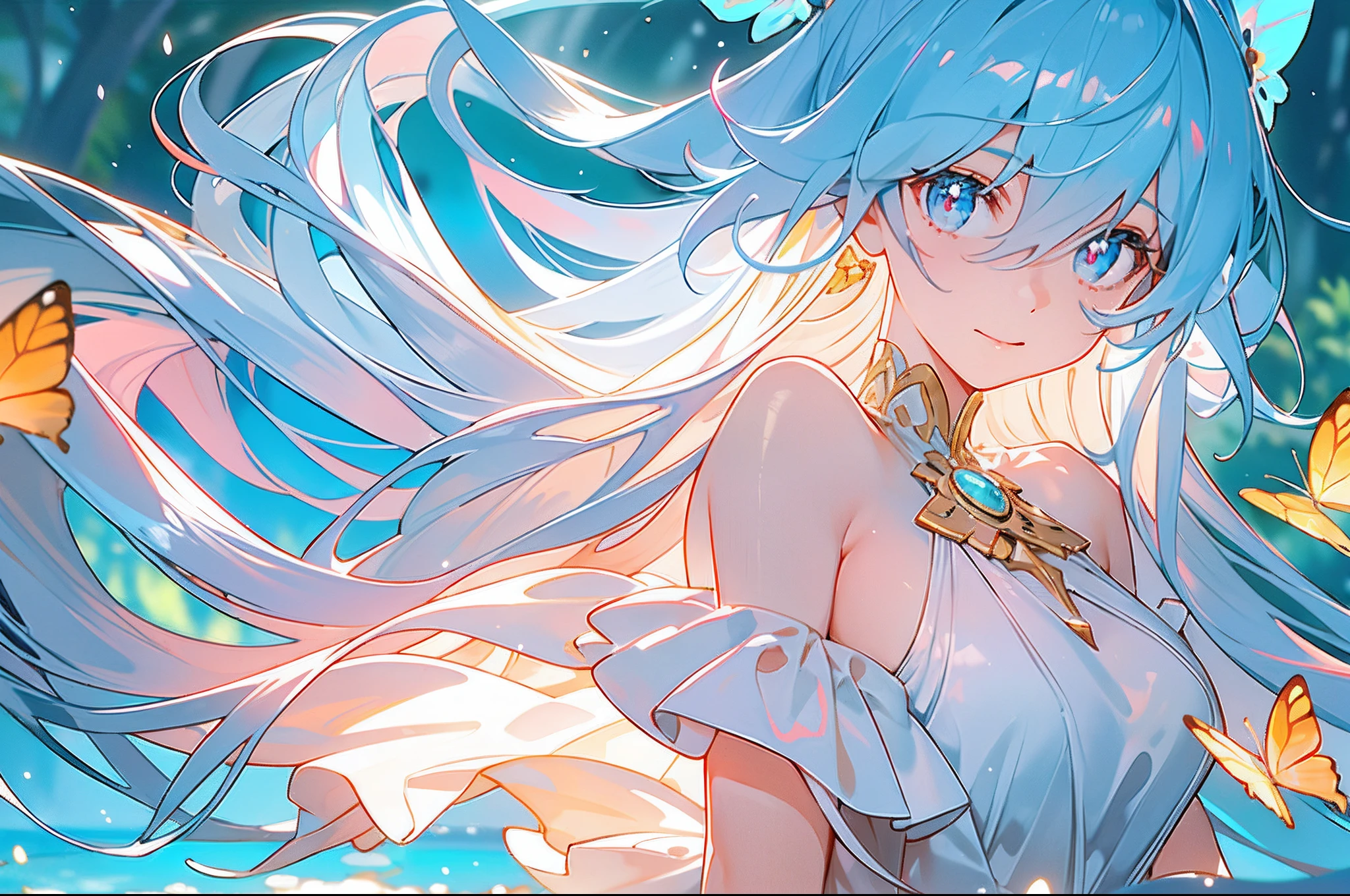 1girll,Alone,Single,Solo,only one,one character,(((Take the characters as the main perspective))),(((character in the middle))),((Masterpiece)),((Best quality)),(Ultra-detailed),(illustration),Clear margins,Alphonse Mucha,Extremely detailed Cg Unity 8K wallpaper,((An extremely delicate and beautiful)),(Dynamic Angle),An enchanting forest illuminated by glowing mushrooms at night,((Tyndall effect)),(Fluorescent mushroom forest background),1girll,(arms back behind),(Beautiful detailed eyes),Cute pink eyes,Golden pupil,Detailed face,Upper body,White dress,Messy floating pink hair,Disheveled hair,Focus,(Beautiful water),River,flying butterfly,Sunlight,Shine,Chiaroscuro,Ray_tracing,(Painting),[[[[[[8 k artistic photography]]]]]],