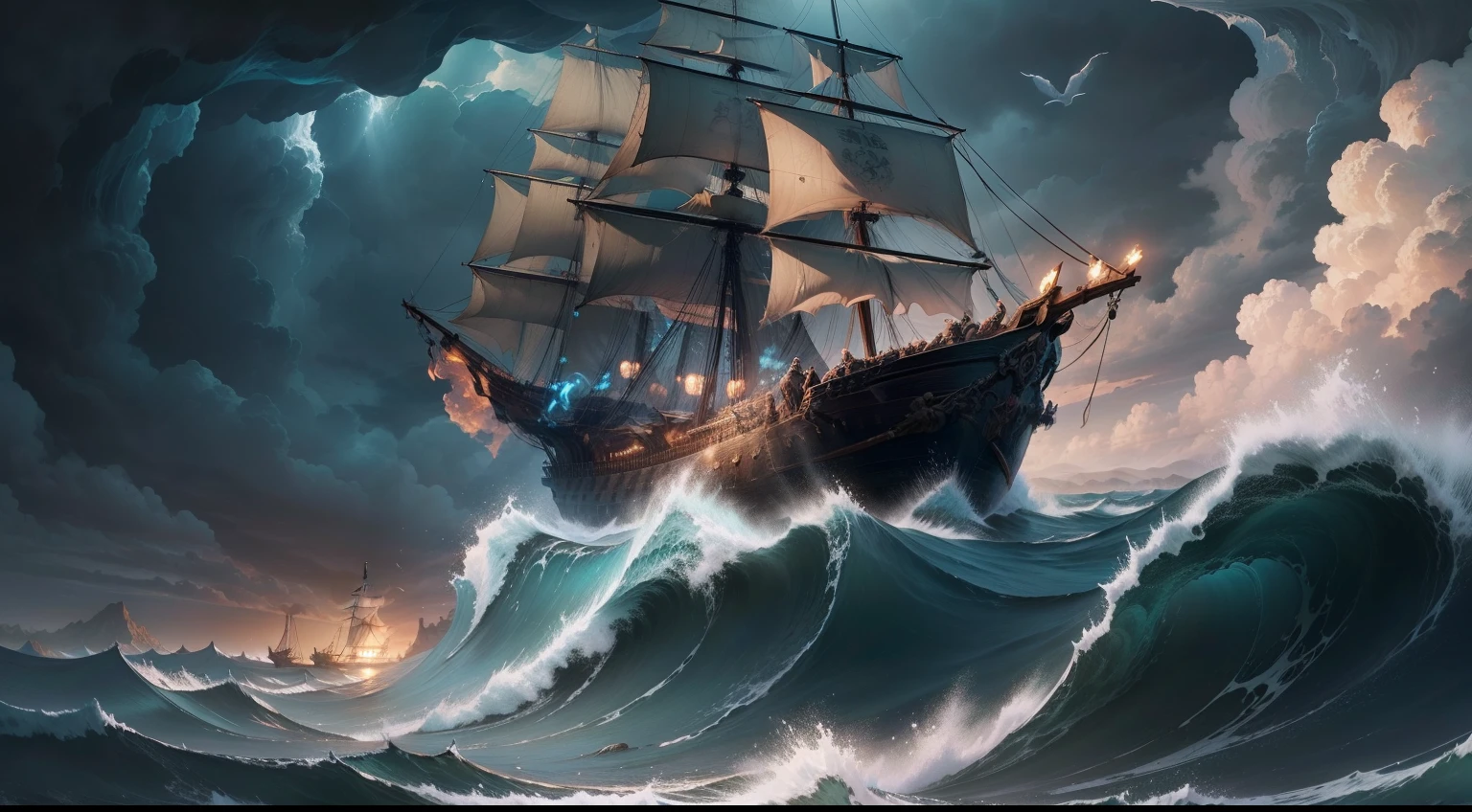 "Describe a dramatic scene of Noah's Ark in a raging sea. The ark is seen sailing without sails, sendo empurrada pelas ondas altas e tempestuosas. The sky is dark and overcast, com raios cortando o horizonte. A chuva cai torrencialmente, Creating a veil of water around the ark. On deck, the animals are agitated, Seeking shelter and safety. Noah and his family fight to keep the ark in check, looking determinedly at the tumultuous horizon, while the ark is lifted by an imposing wave."