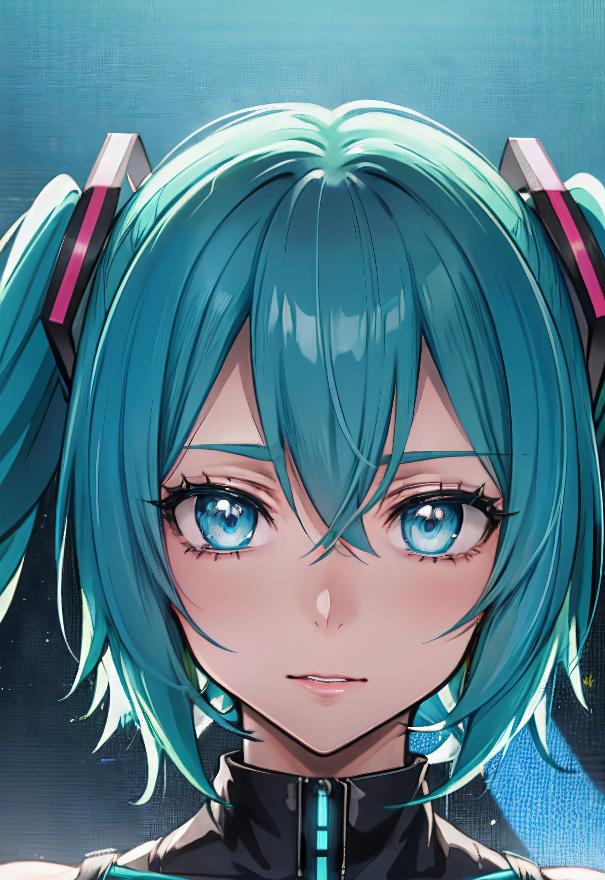 "Hatsune Miku, a beautiful and vibrant vocaloid sensation, with her signature teal hair and futuristic outfit, performing in a futuristic cityscape with neon lights and holographic displays, accompanied by a lively crowd cheering her on, capturing the essence of her musical prowess and captivating stage presence.", Emphasis on face, facial close up