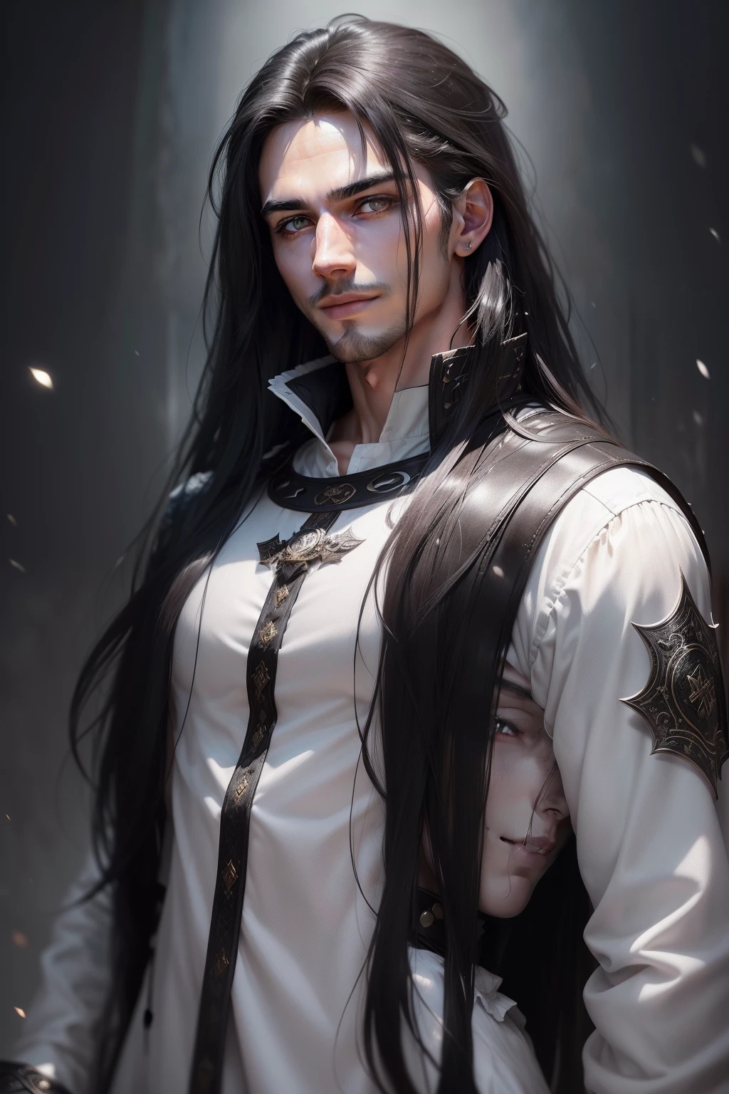 1 male with unique and attractive features, bright white skin, long and black hair that falls over his shoulders, ((big eyes, bright eyes, dark brown eyes, and these eyes carry a mysterious luster and hidden tale)). ((He has a warm and attractive smile that gives his face a touch of charm and attractiveness)), ((Wearing strange and unique clothes, reflecting an artistic and innovative character)), 8k, high quilty, realistic, beautiful realistic, Cool details, raw photo, realistic clothing, long hair, black hair, realistic hair, Light and cool lighting, photo realistic, Cel shaded, Gel lighting, ultra details