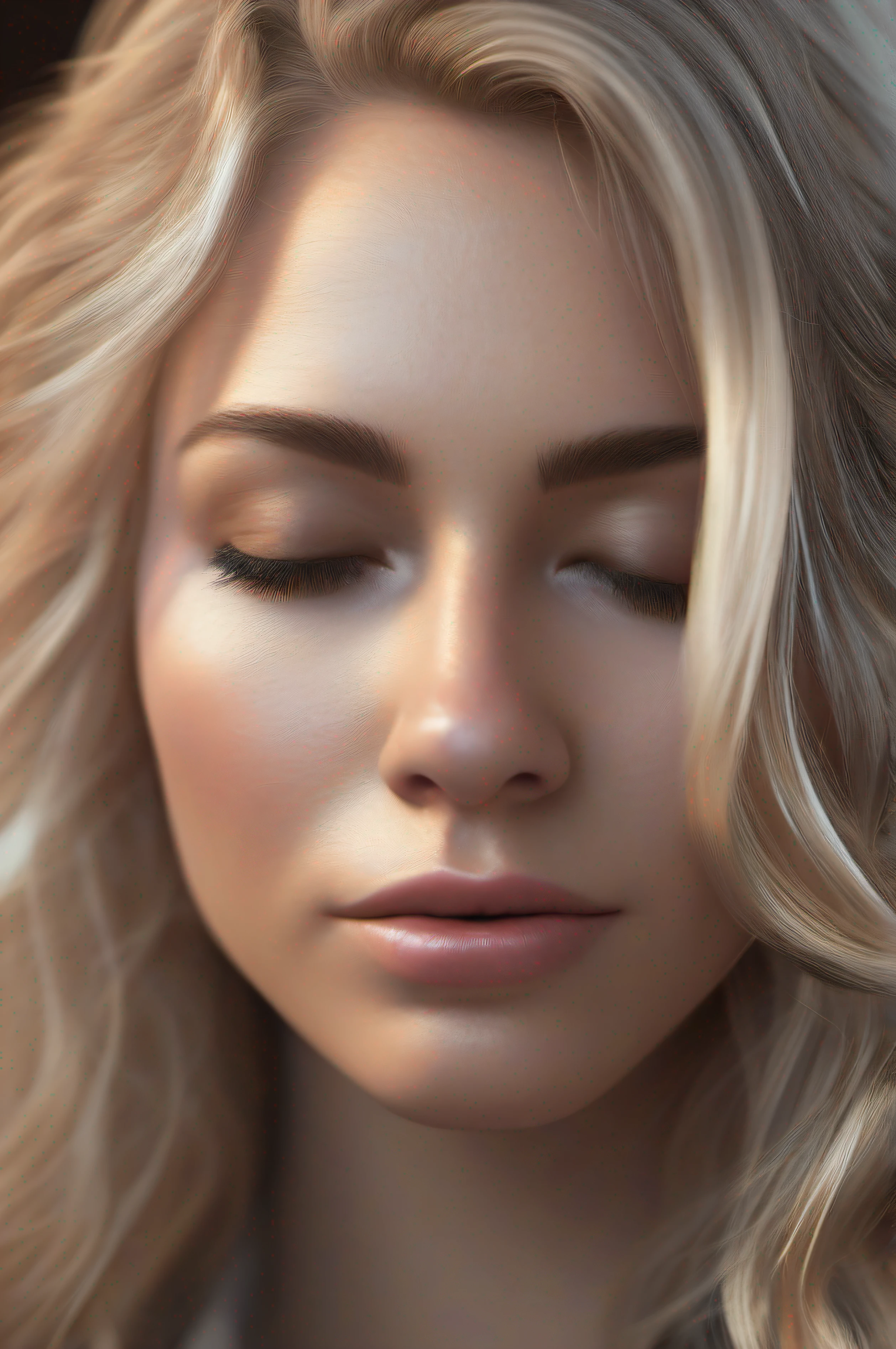 blonde woman with closed eyes looking at the camera with her eyes closed, highly detailed vfx portrait of, highly detailed vfx portrait of, Extremely realistic face, soft portrait shot 8 k, ultra realistic face, photorealistic face, Portrait of an ultra-realistic, photorealistic face, realistic female portrait, realistically rendered face, cinematic realistic portrait, Realistic human face, Realistic detailed face