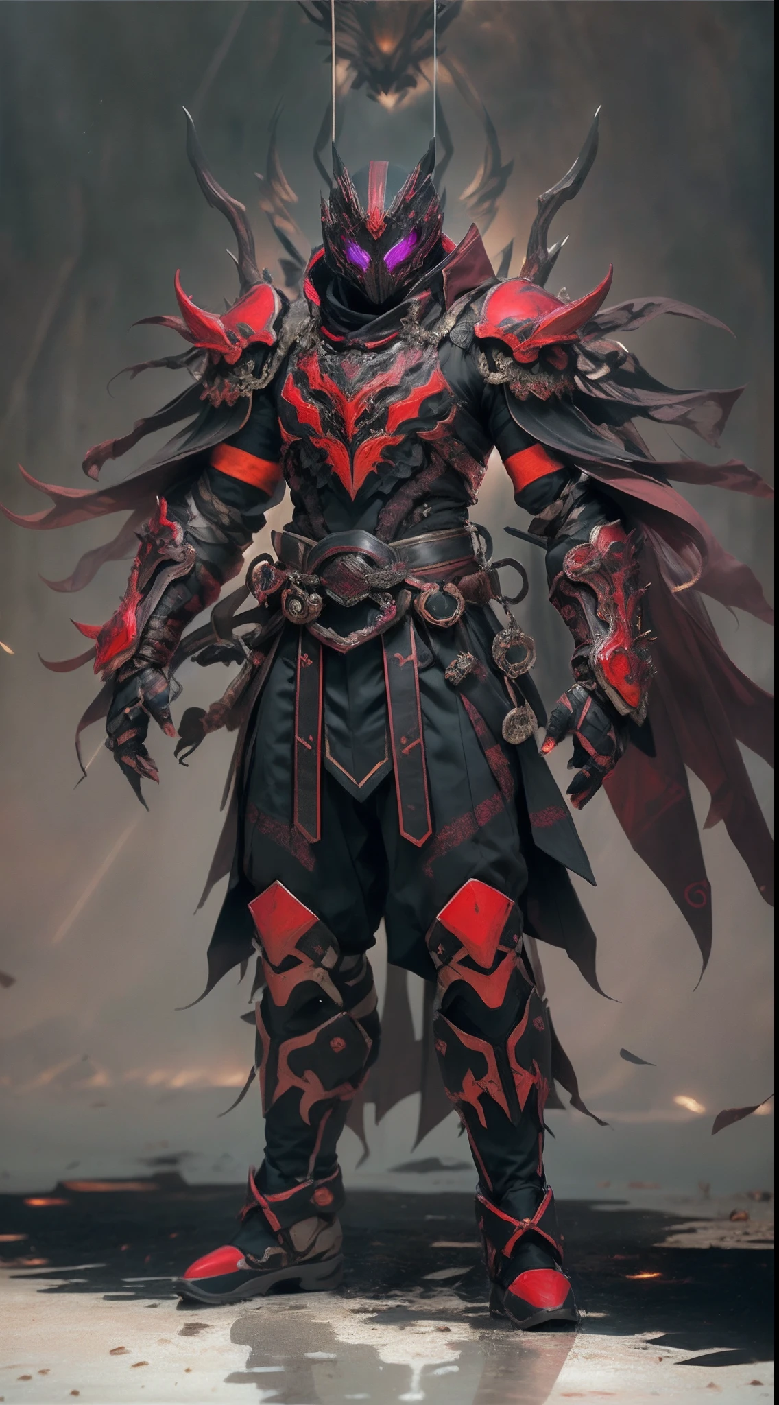A man wearing a full-face helmet that covers most of his face, adorned in a biomimetic fantasy-style armor, the predominant black color is accented with red textures in the design this character embodies a finely crafted fantasy-style armored warrior design in anime, ((character concept art)), high definition, best quality, ultra-detailed, extremely delicate, anatomically correct, symmetrical face, extremely detailed eyes and face, high quality eyes, creativity, RAW photo, UHD, 16k, (Natural light, cinematic lighting, masterpiece:1.5)