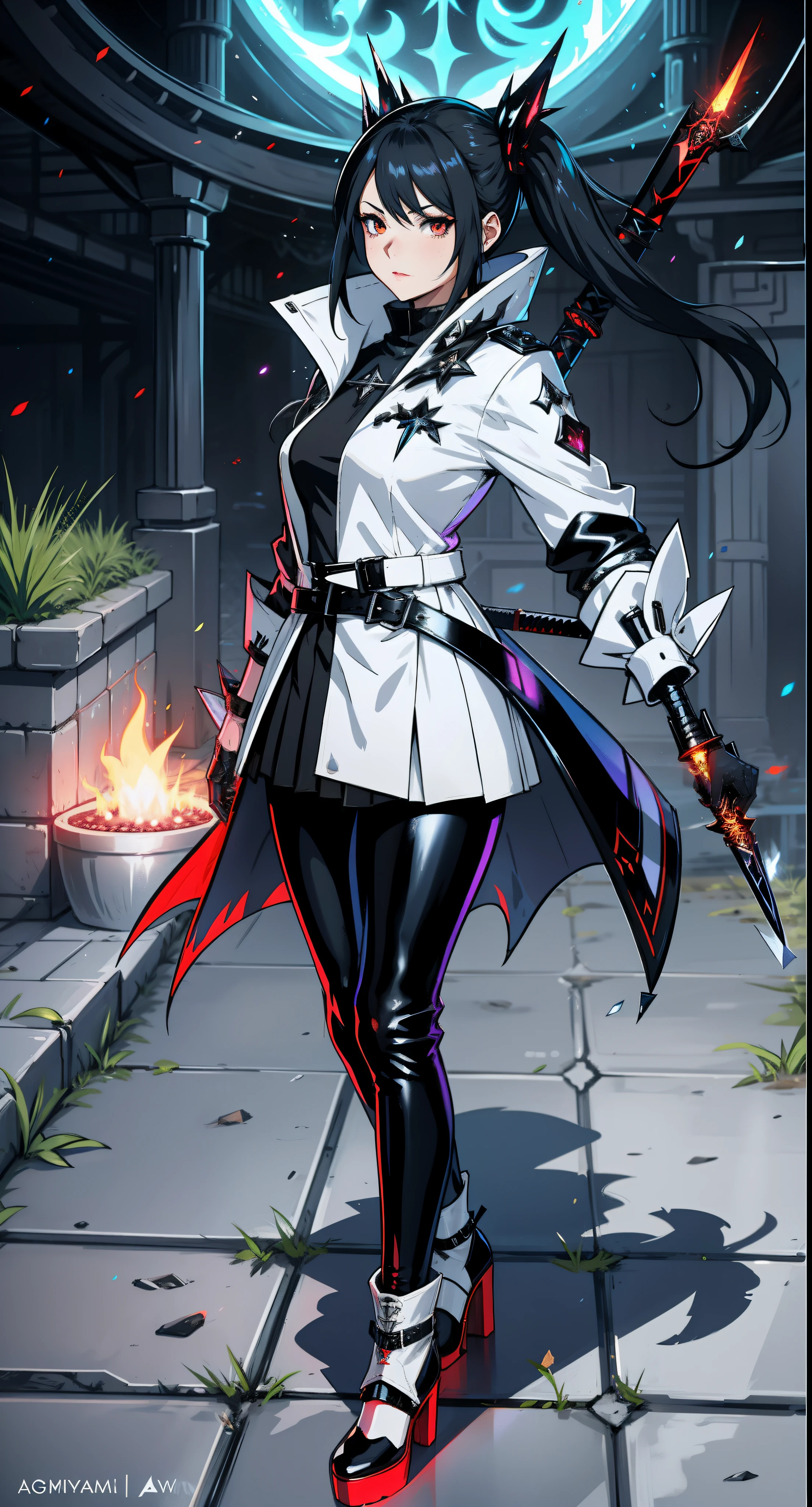arafed image of a woman in a shiny latex white coat and black latex skirt and leggings, spellcasting pose, twintails white_gloves, 2b, 2 b, final fantasy 14 style, au ra in style of wlop, female rouge assassin, jrpg fashion, mage robe based on a toucan, aura, holding a sword, flaming weapon in hand, katana, samurai sword, epic fantasy, cyberpunk