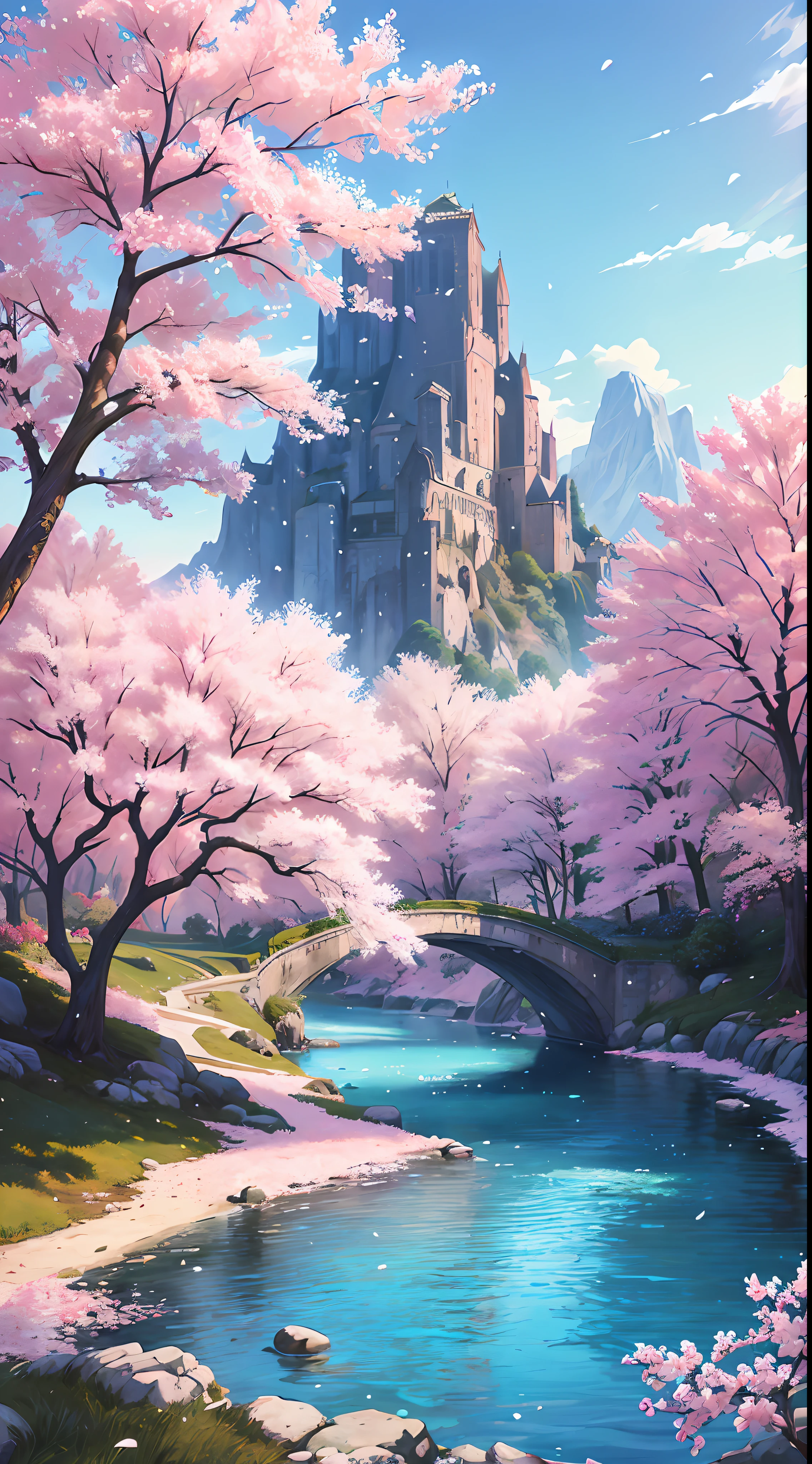 (Masterpiece, Top Quality, Best Quality, Official Art, Beauty and Aesthetics: 1.2), Very Detailed, Colorful, Most Detailed, Branches, Mountains and Rivers, Cherry Blossoms, Outdoor, Petals, Landscape, Rain, Trees, Sky, Street